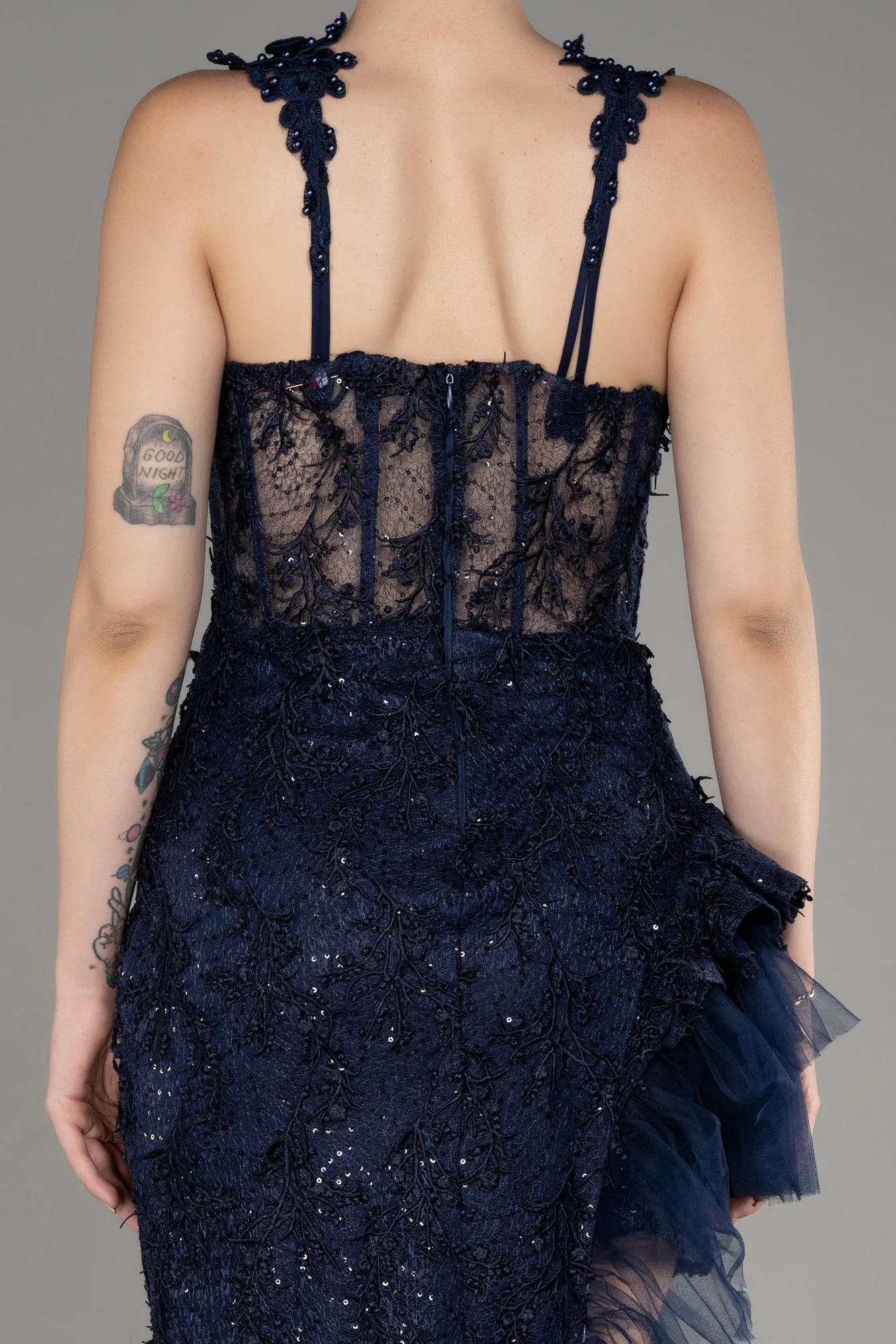 Navy Blue-Long Laced Evening Dress ABU4095