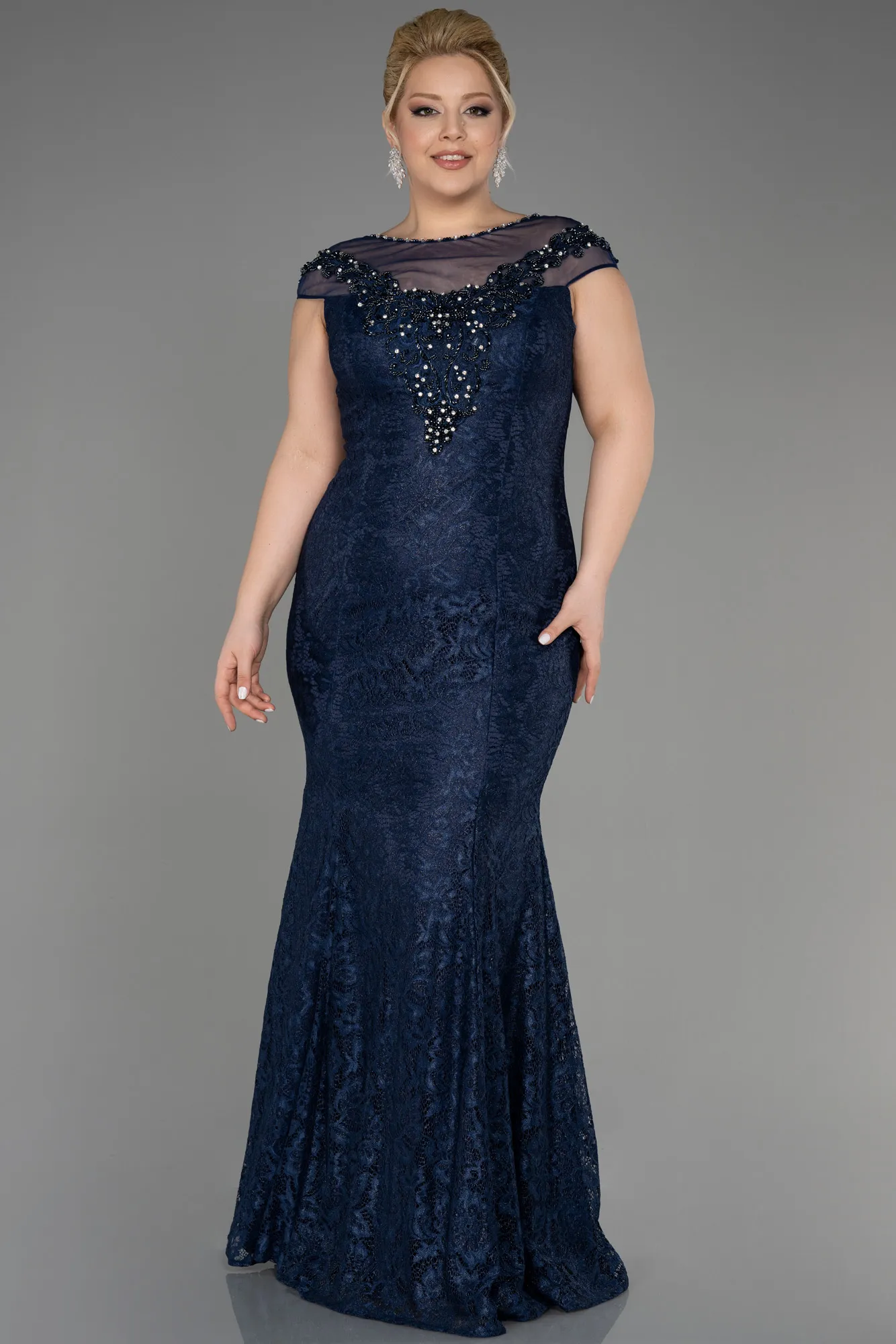 Navy Blue-Long Laced Plus Size Engagement Dress ABU3733