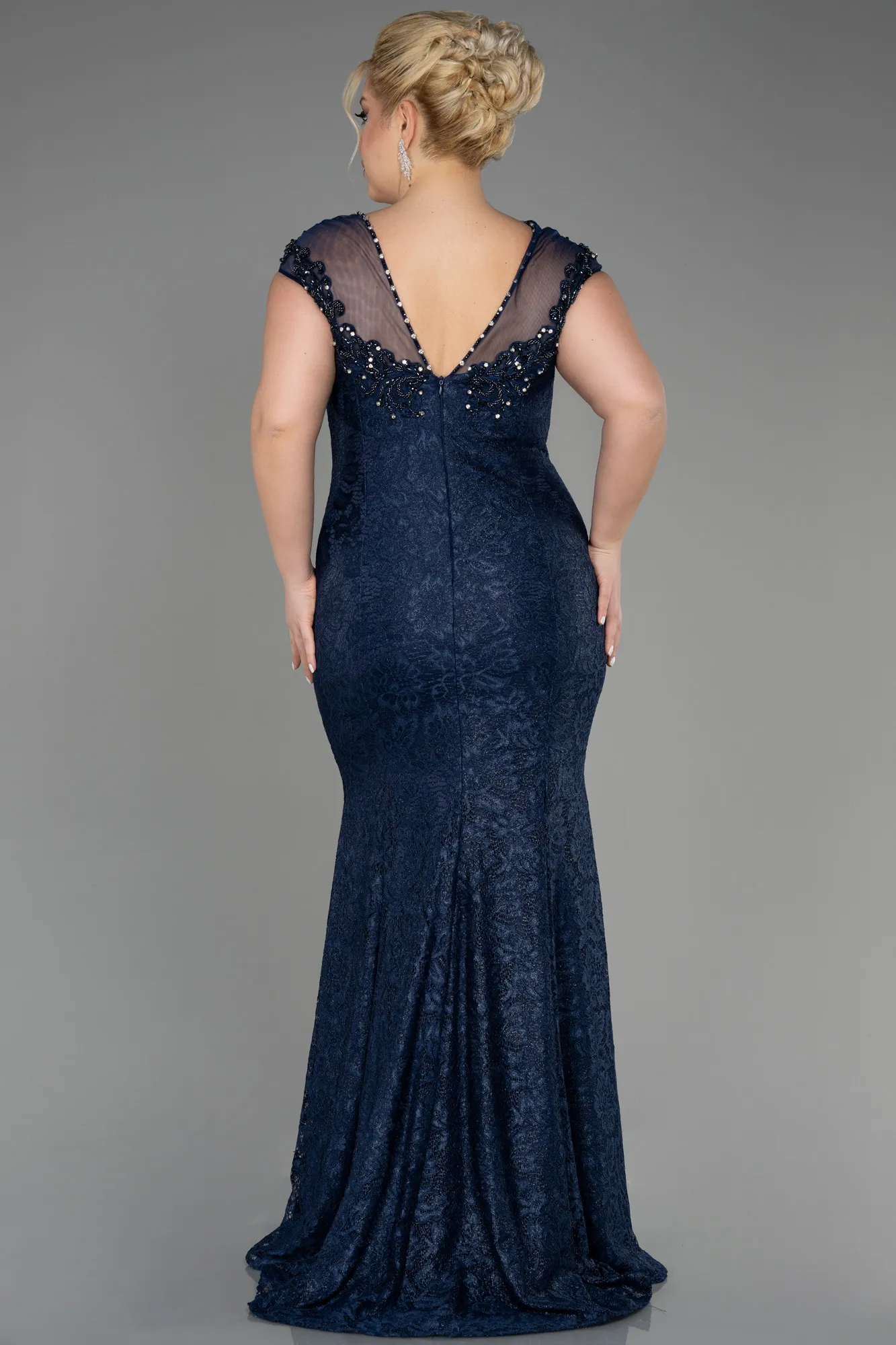 Navy Blue-Long Laced Plus Size Engagement Dress ABU3733