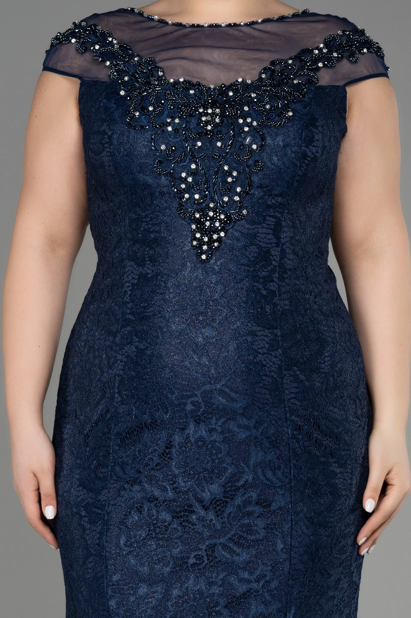 Navy Blue-Long Laced Plus Size Engagement Dress ABU3733