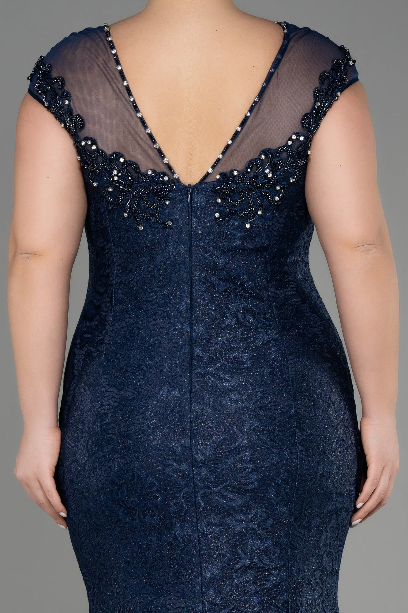 Navy Blue-Long Laced Plus Size Engagement Dress ABU3733