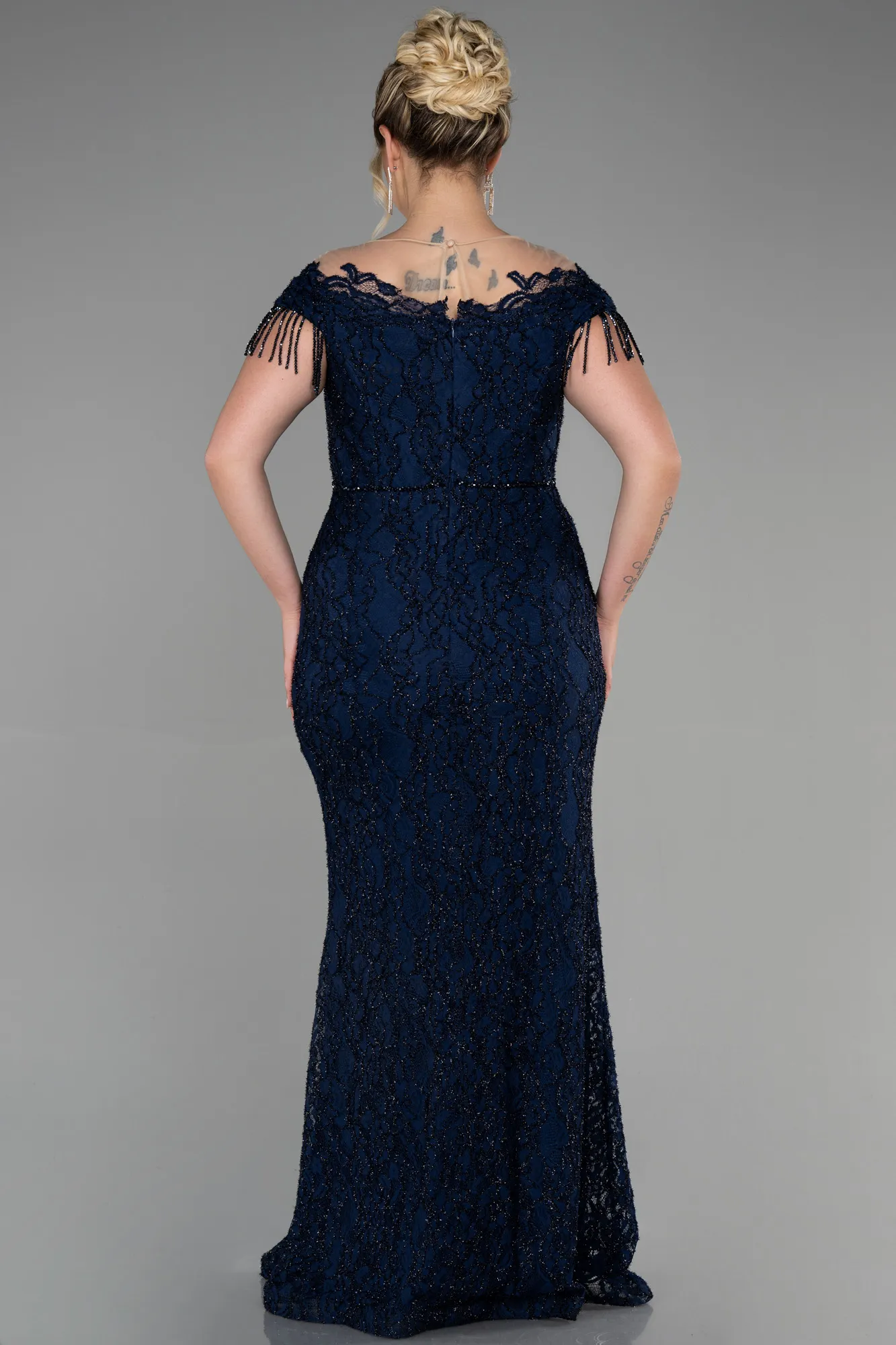 Navy Blue-Long Laced Plus Size Evening Dress ABU3435