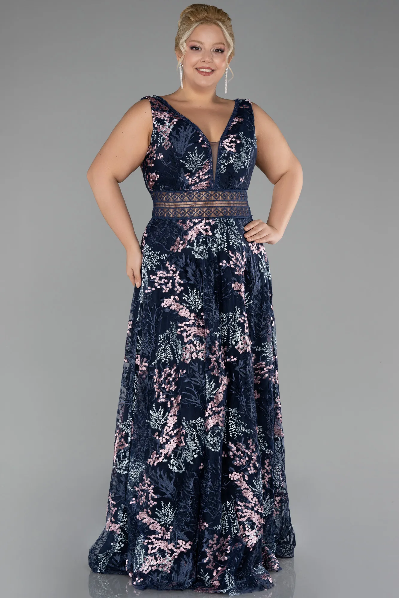 Navy Blue-Long Laced Plus Size Evening Gown ABU4261