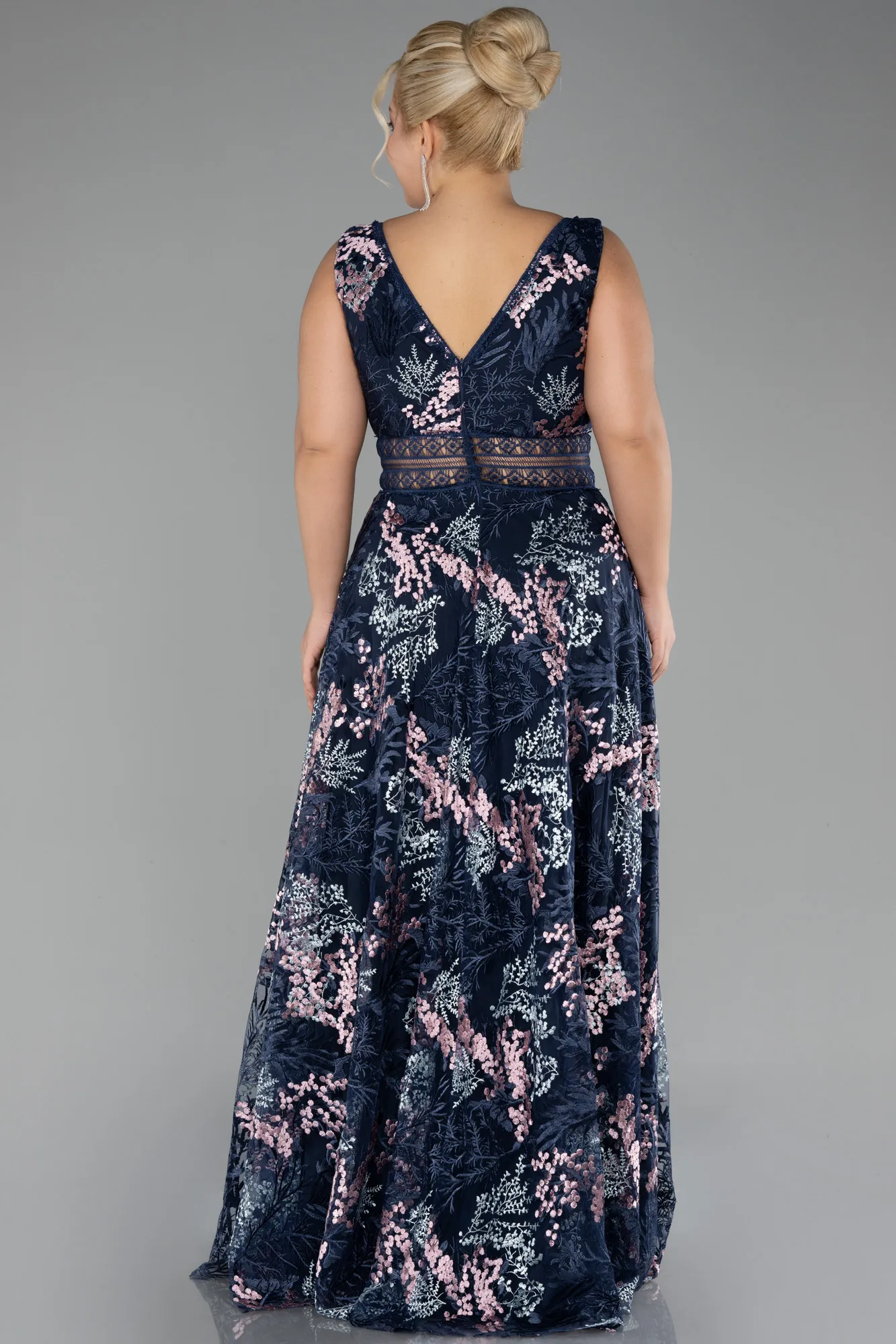 Navy Blue-Long Laced Plus Size Evening Gown ABU4261