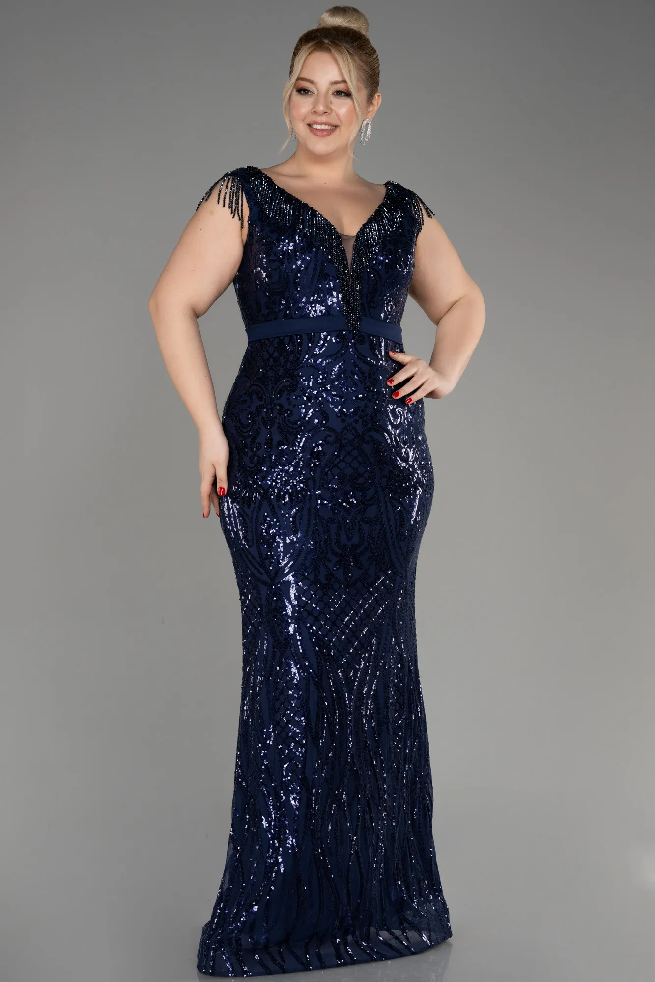 Navy Blue-Long Plus Size Engagement Dress ABU3876