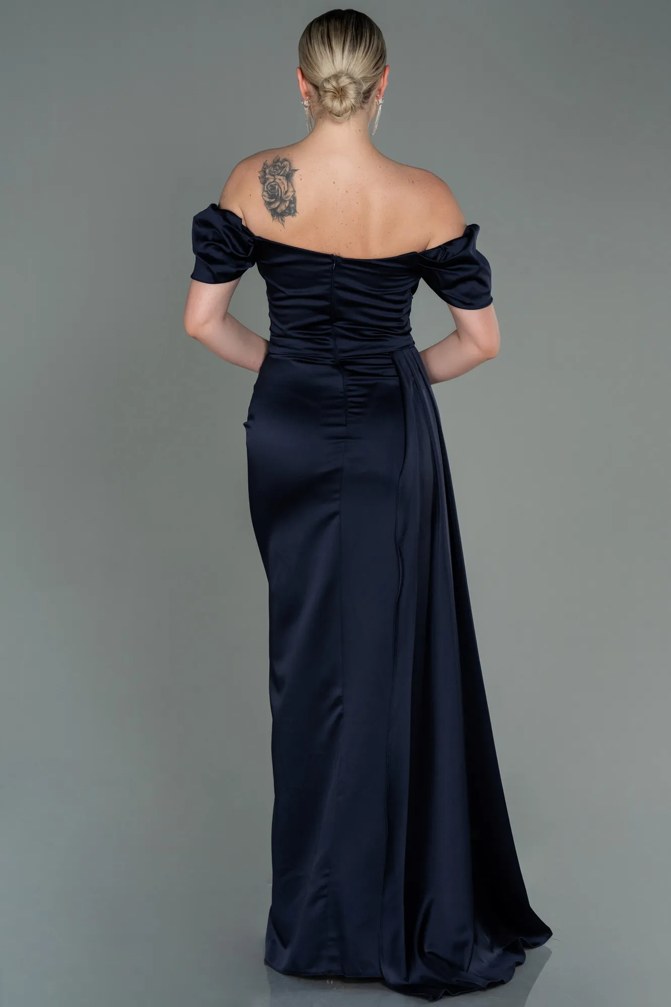 Navy Blue-Long Satin Engagement Dress ABU1606