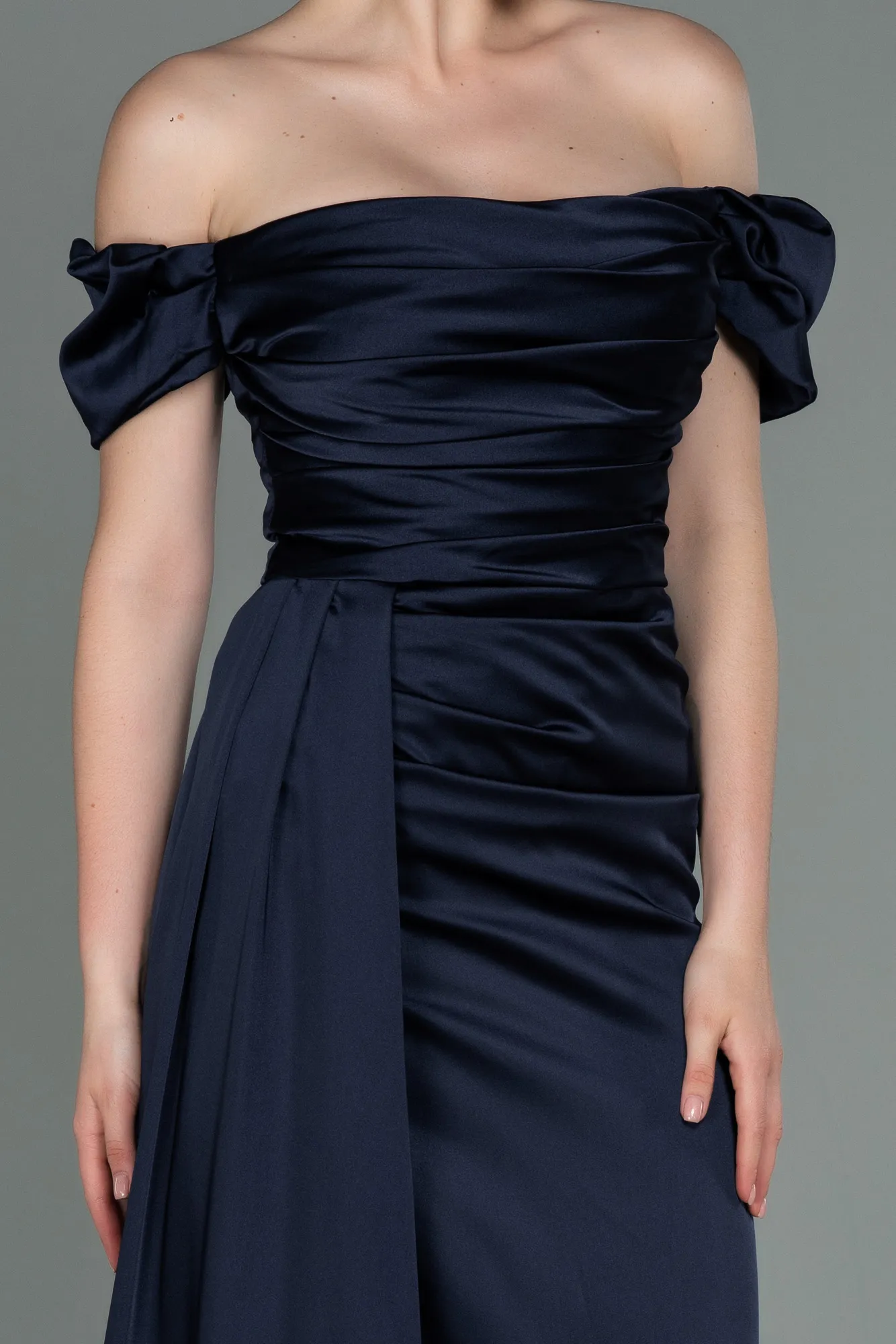 Navy Blue-Long Satin Engagement Dress ABU1606