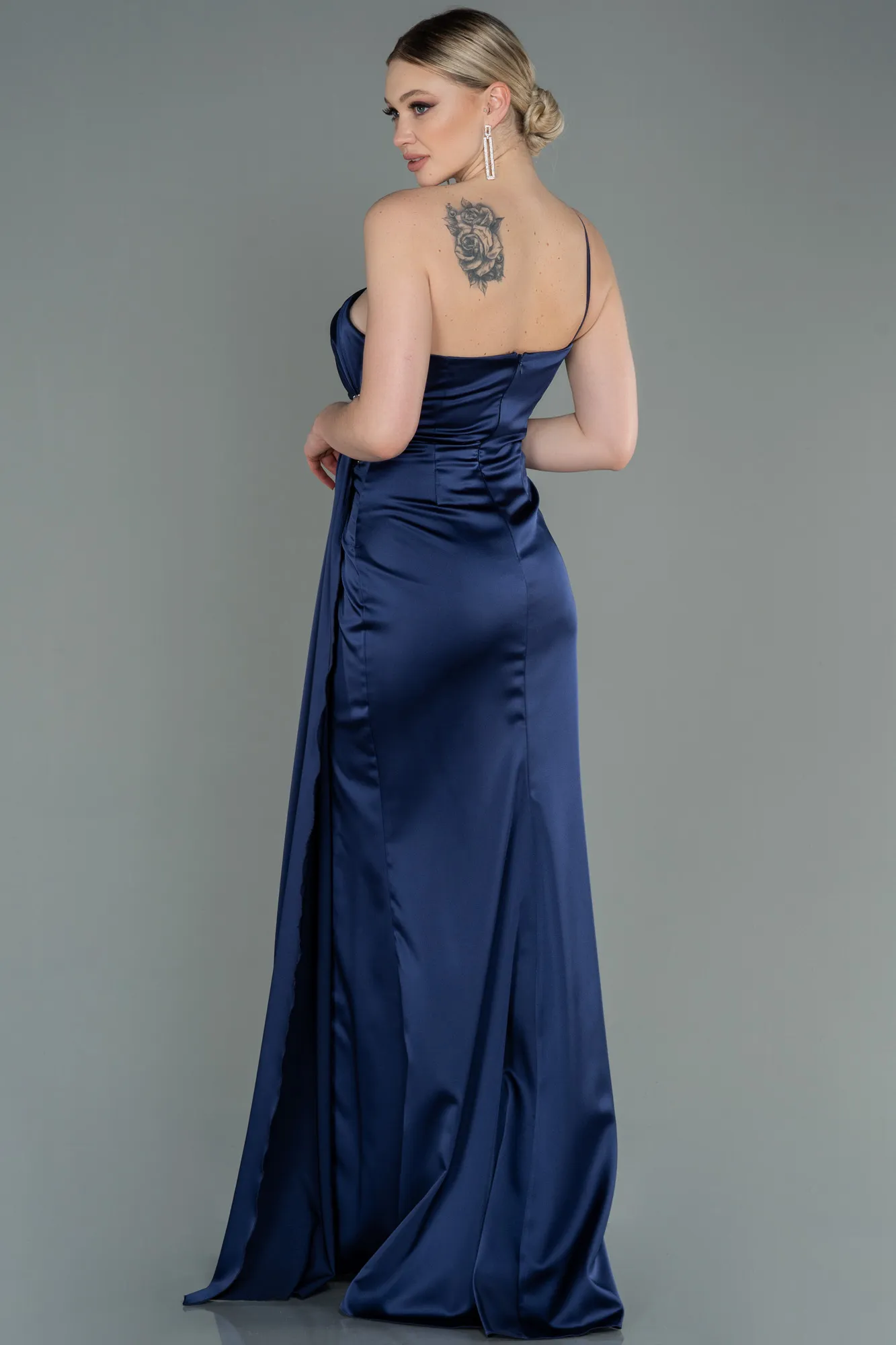 Navy Blue-Long Satin Engagement Dress ABU3088