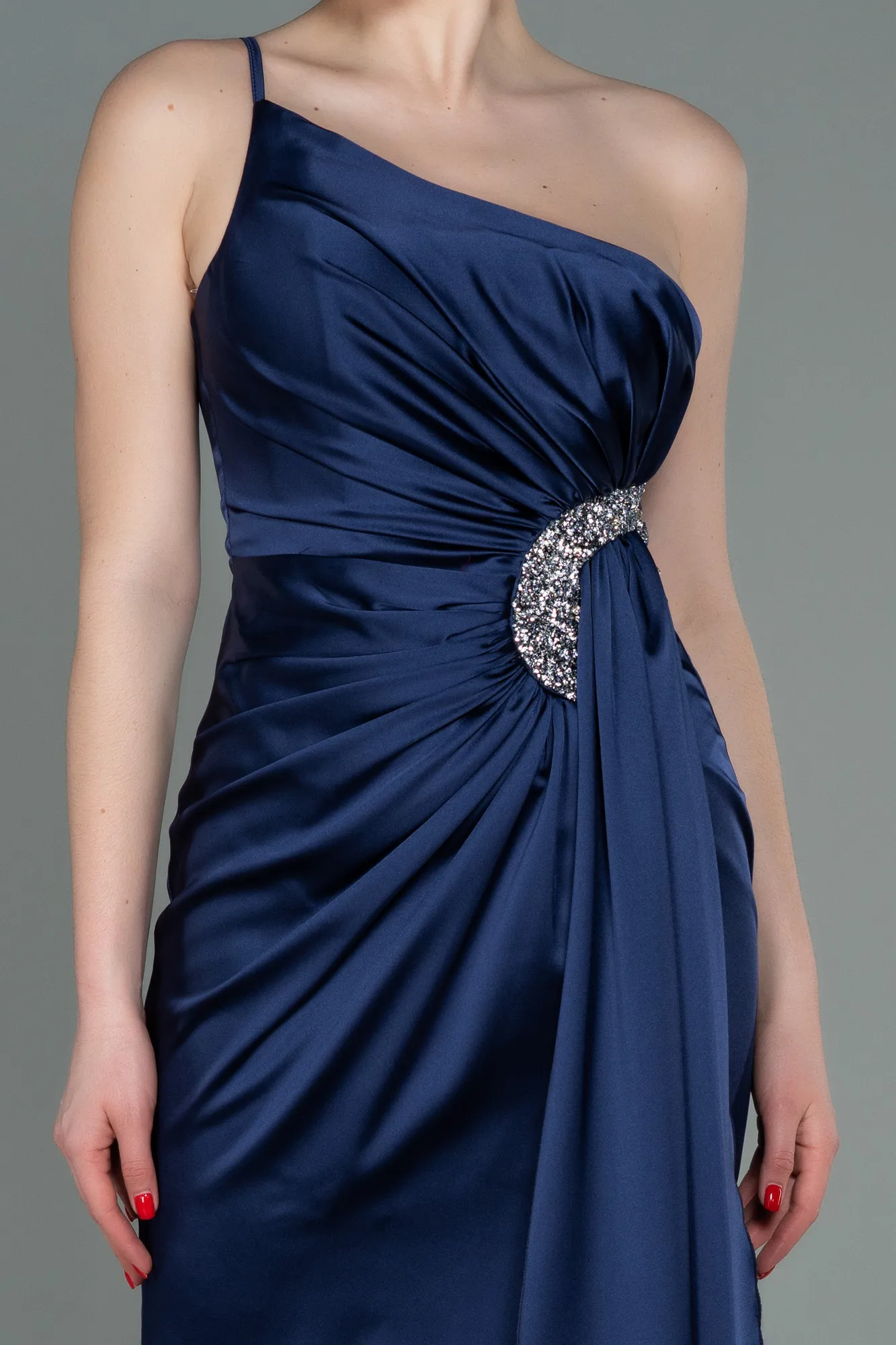 Navy Blue-Long Satin Engagement Dress ABU3088