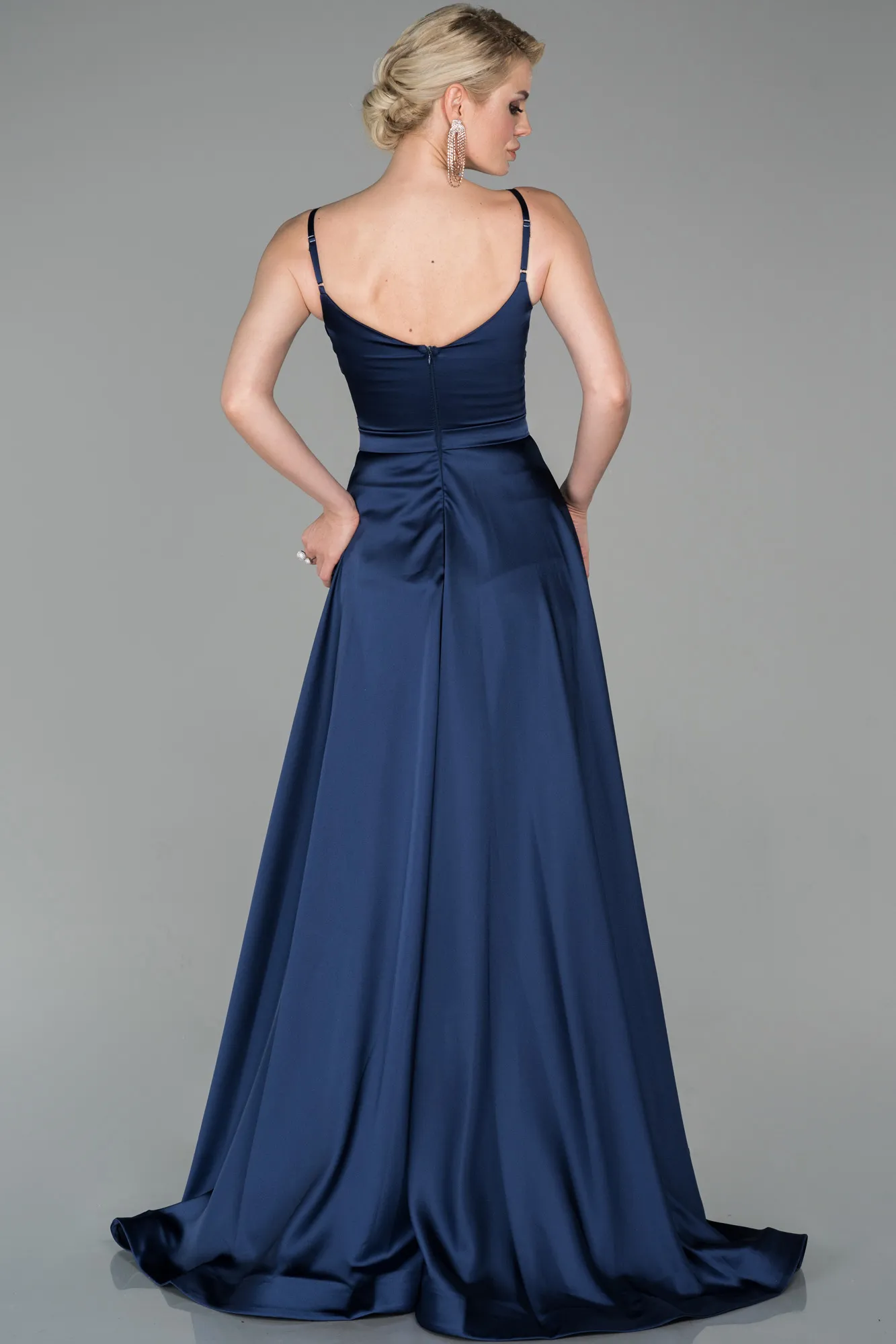 Navy Blue-Long Satin Evening Dress ABU1601