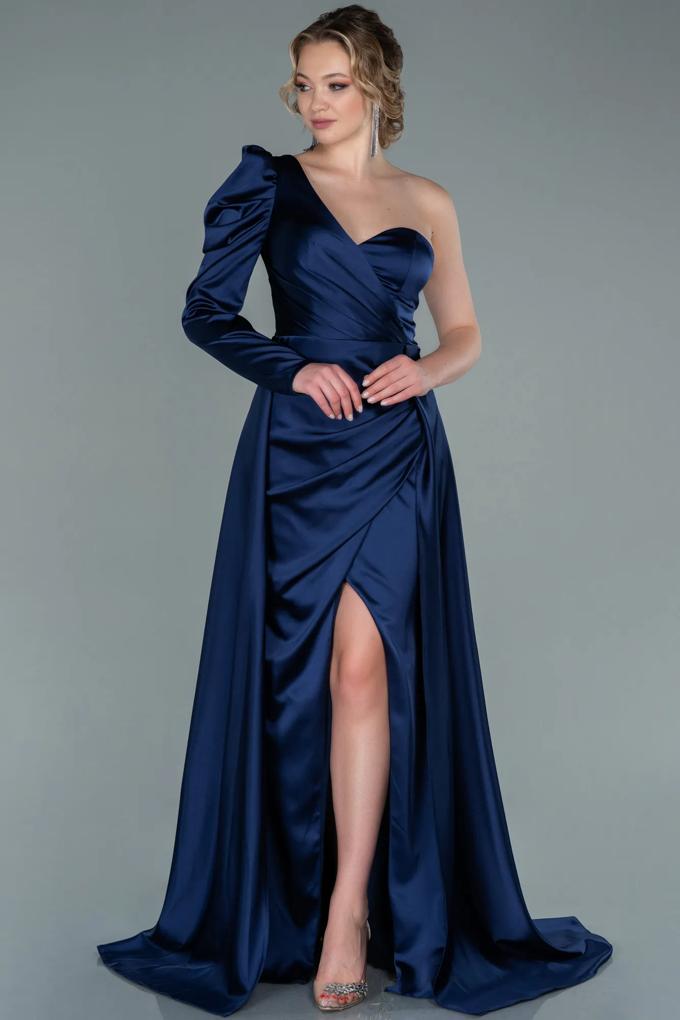 Navy Blue-Long Satin Evening Dress ABU1715