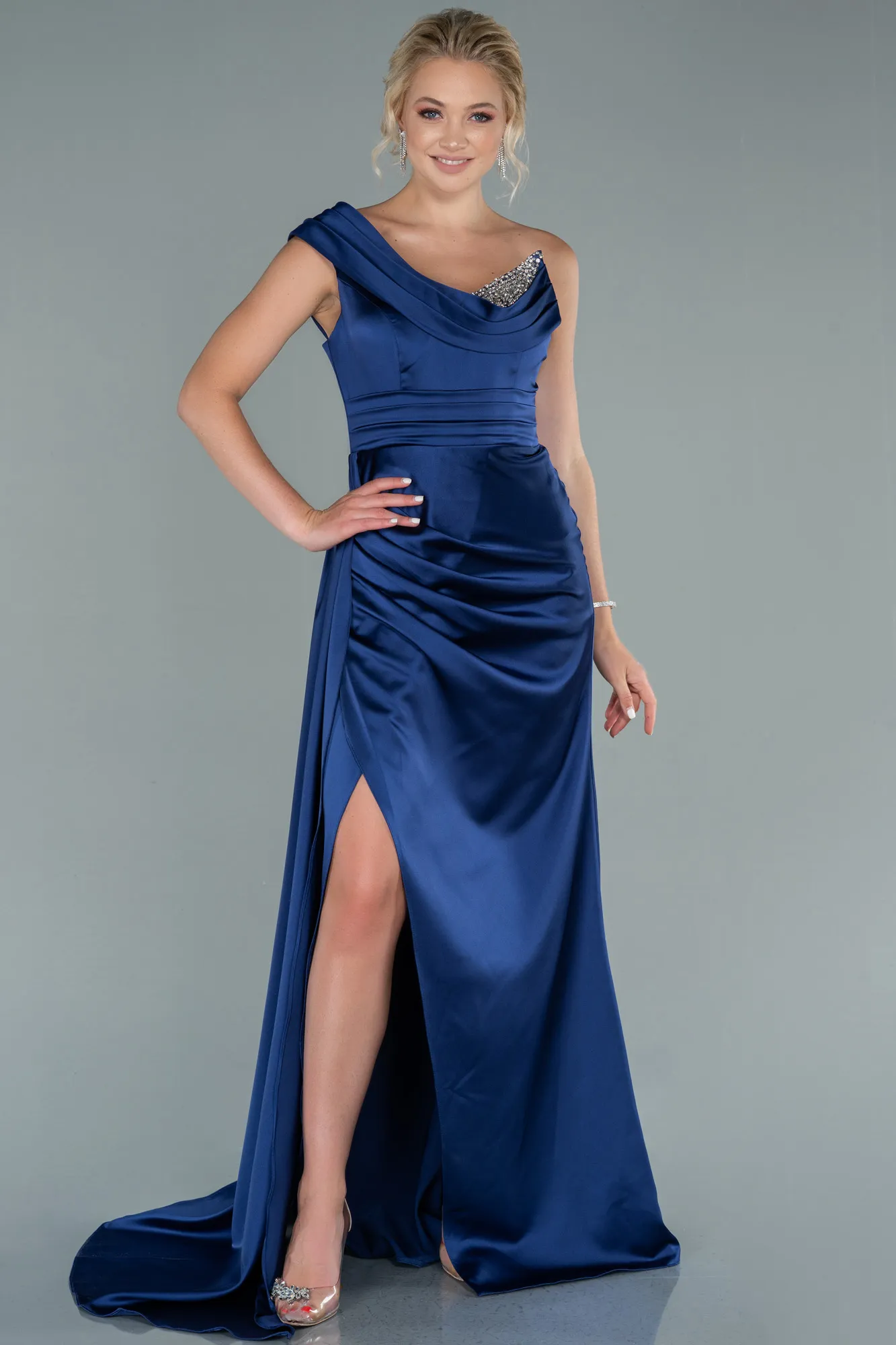 Navy Blue-Long Satin Evening Dress ABU2114