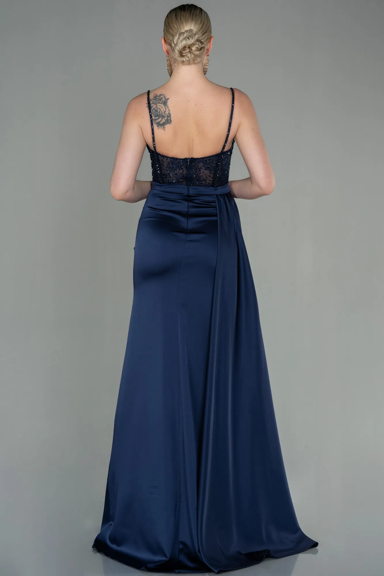 Navy Blue-Long Satin Evening Dress ABU2130