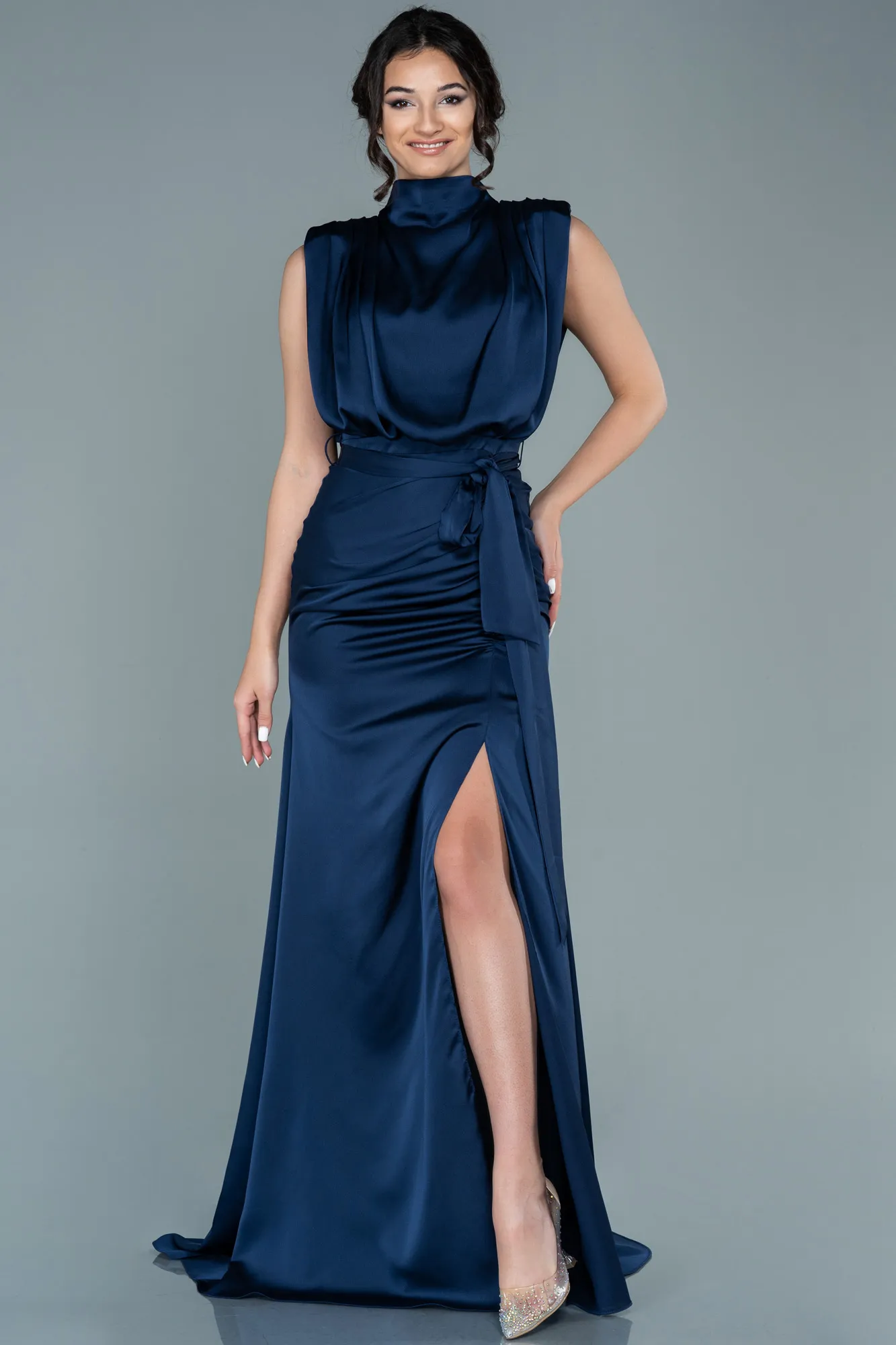 Navy Blue-Long Satin Evening Dress ABU2133