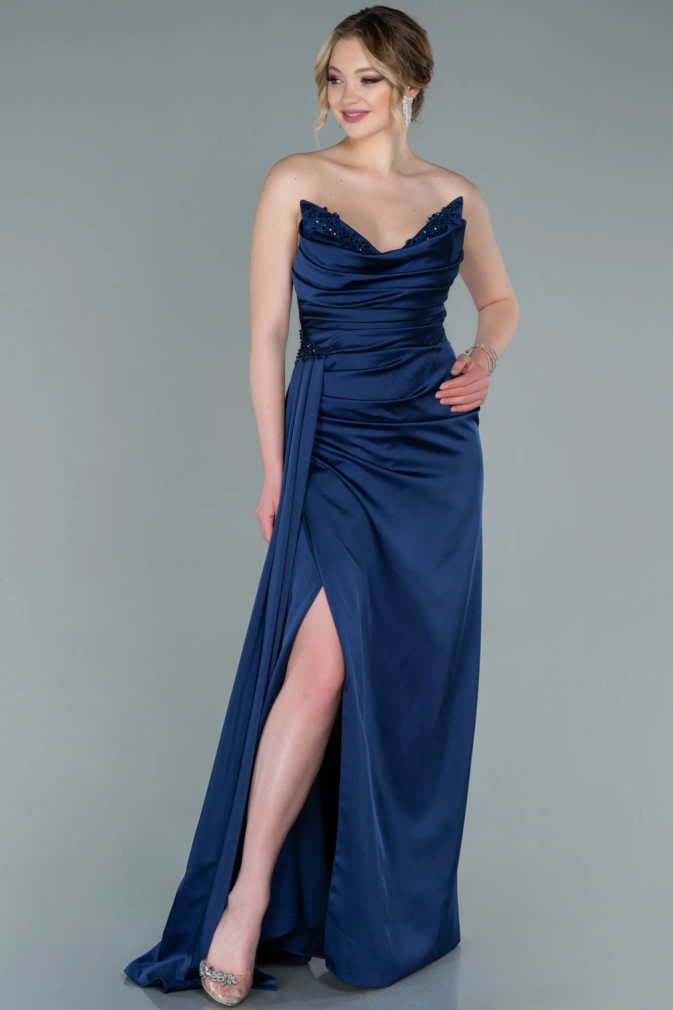 Navy Blue-Long Satin Evening Dress ABU2323