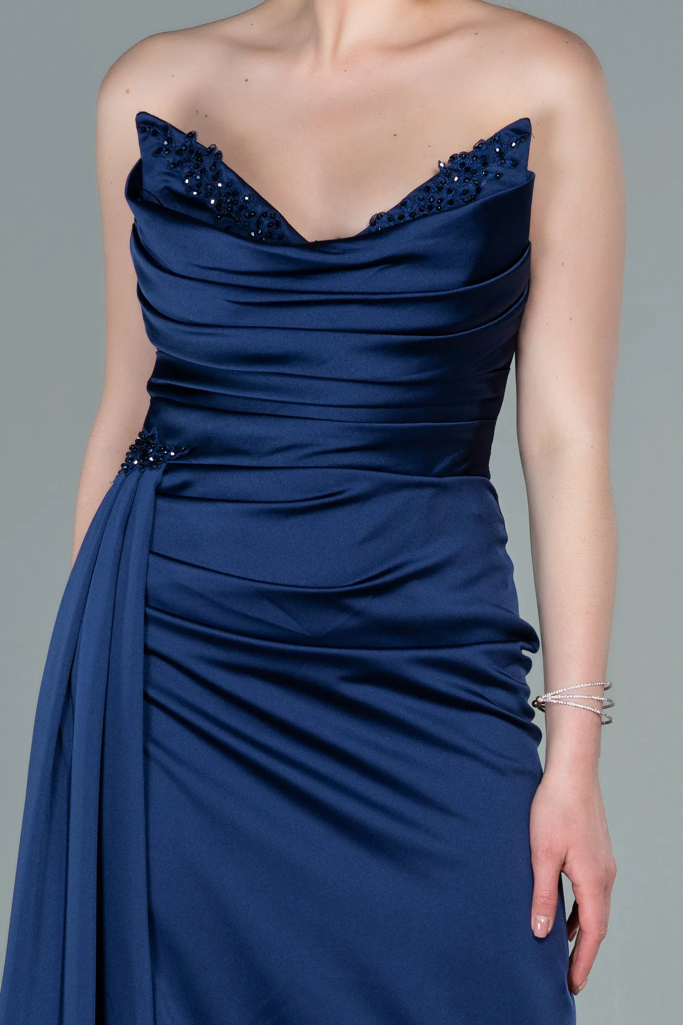 Navy Blue-Long Satin Evening Dress ABU2323