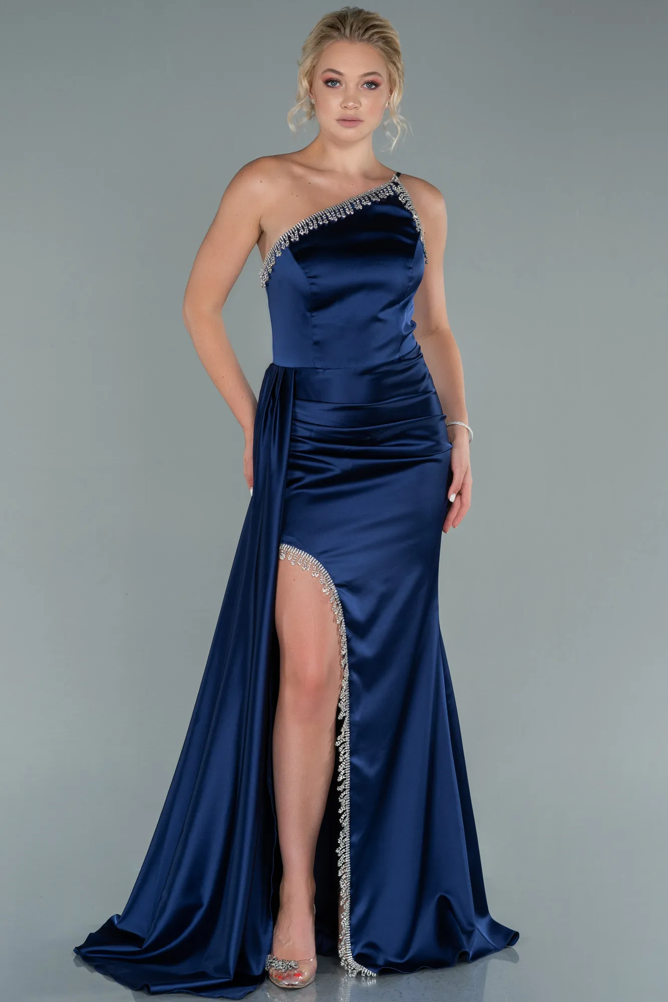 Navy Blue-Long Satin Evening Dress ABU2386