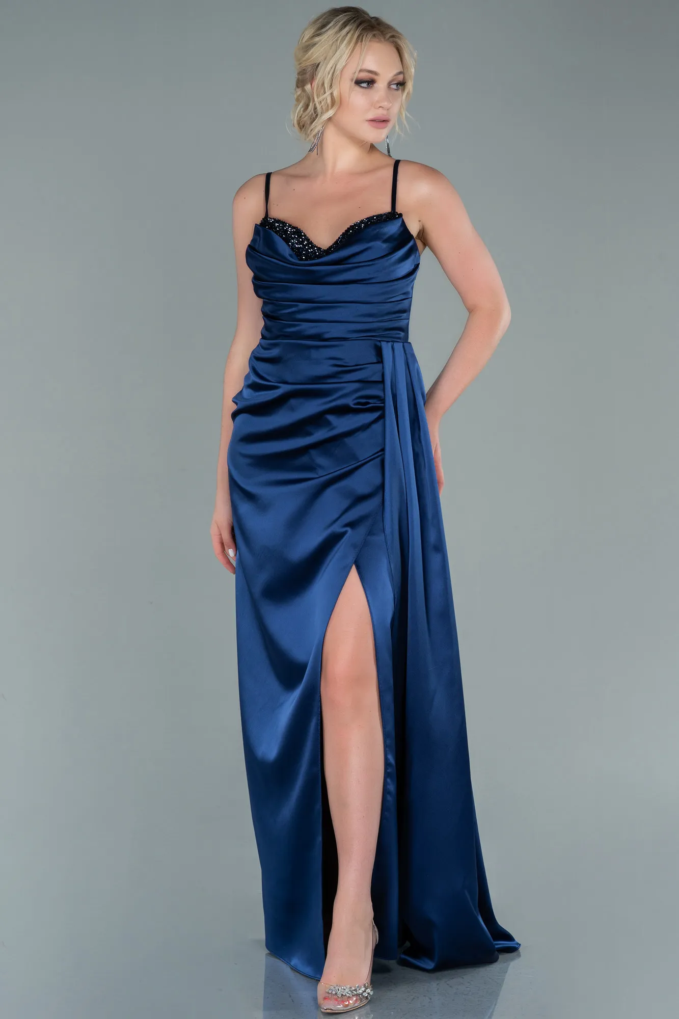 Navy Blue-Long Satin Evening Dress ABU2477