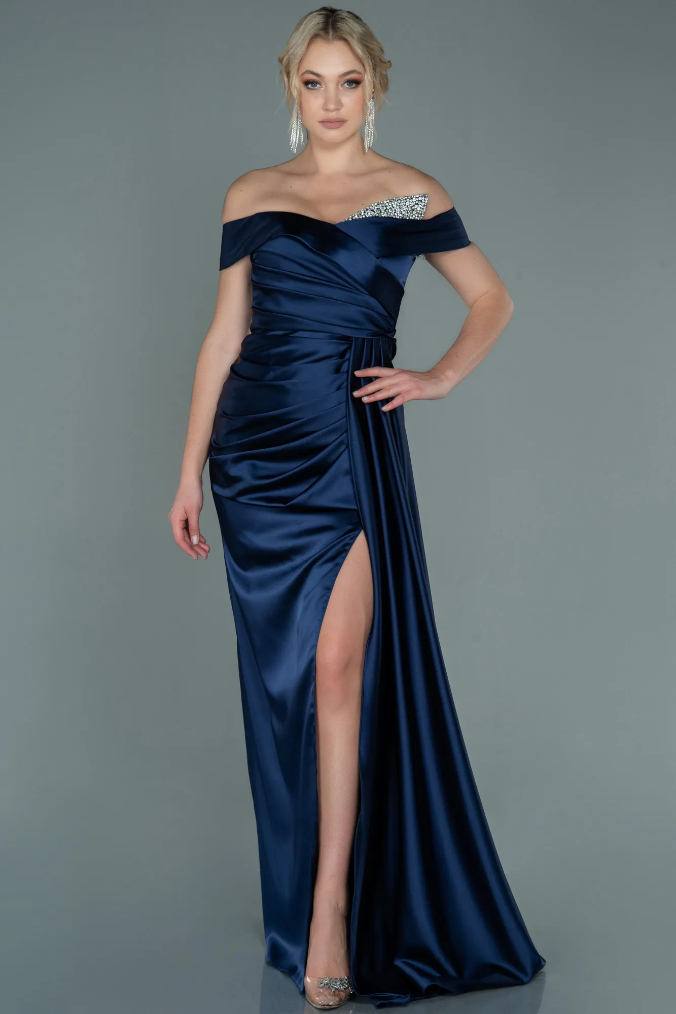 Navy Blue-Long Satin Evening Dress ABU2560