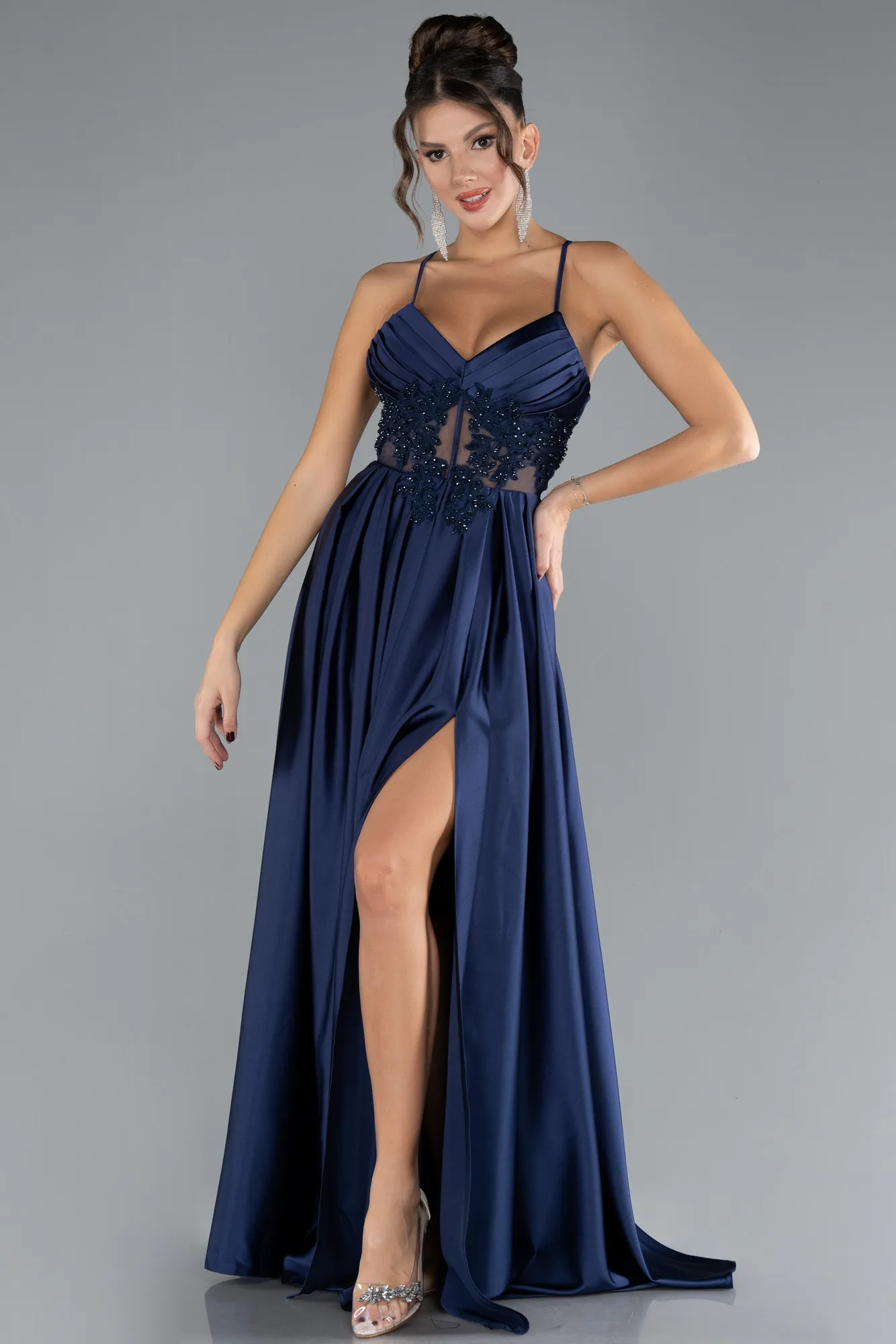 Navy Blue-Long Satin Evening Dress ABU2583