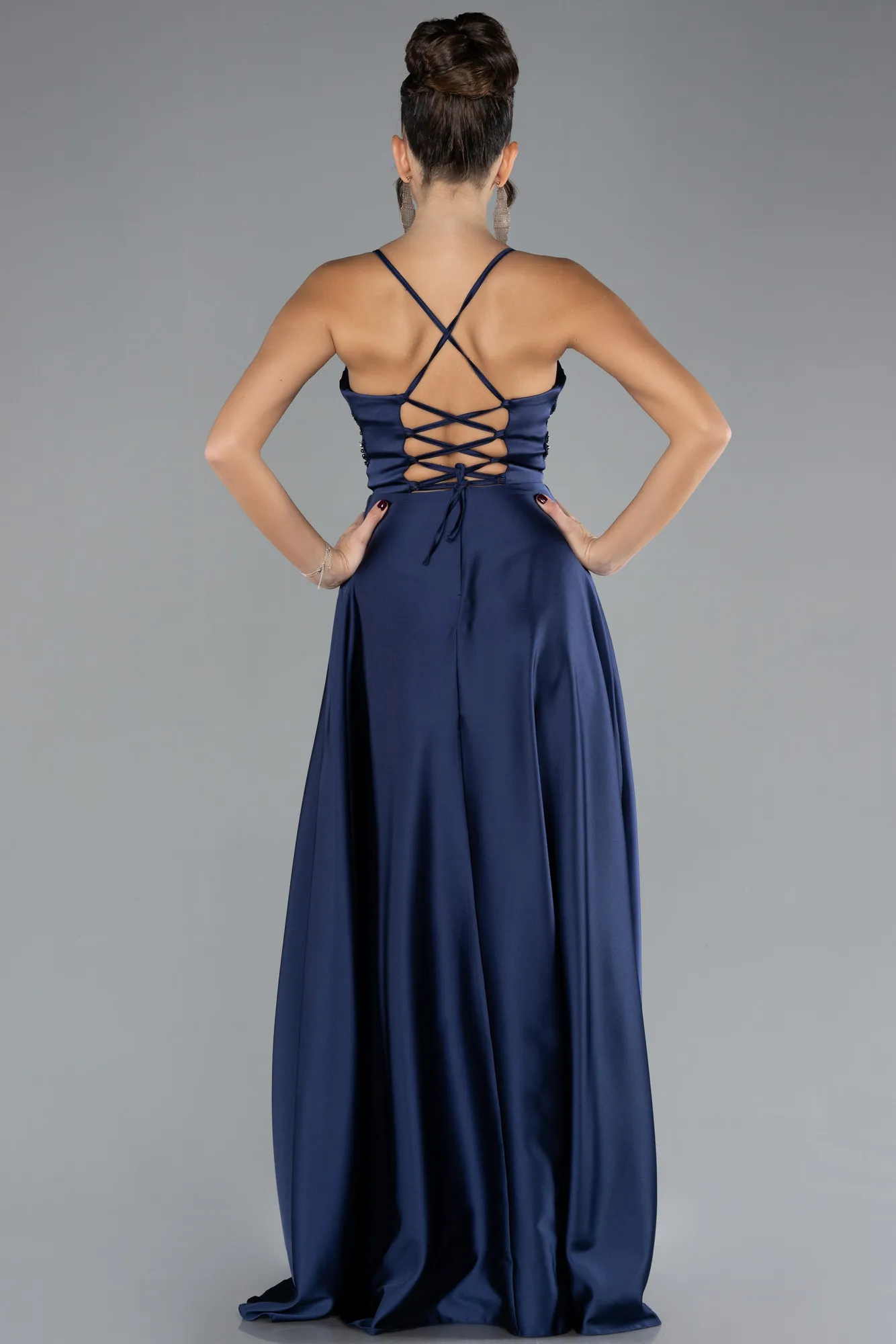 Navy Blue-Long Satin Evening Dress ABU2583