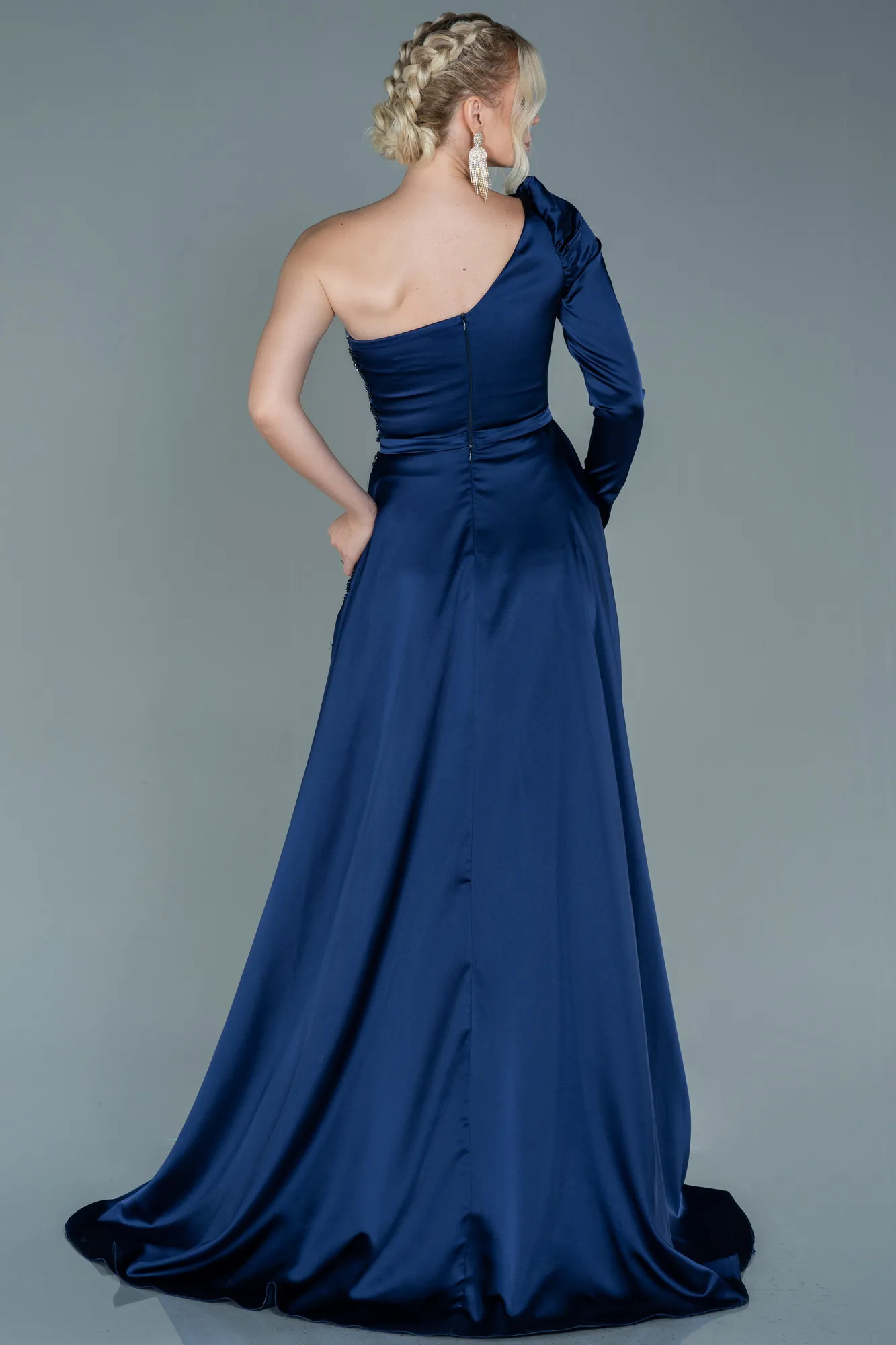 Navy Blue-Long Satin Evening Dress ABU2610