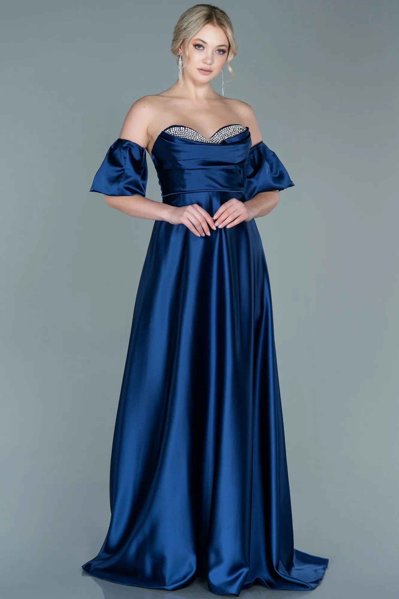 Navy Blue-Long Satin Evening Dress ABU2614