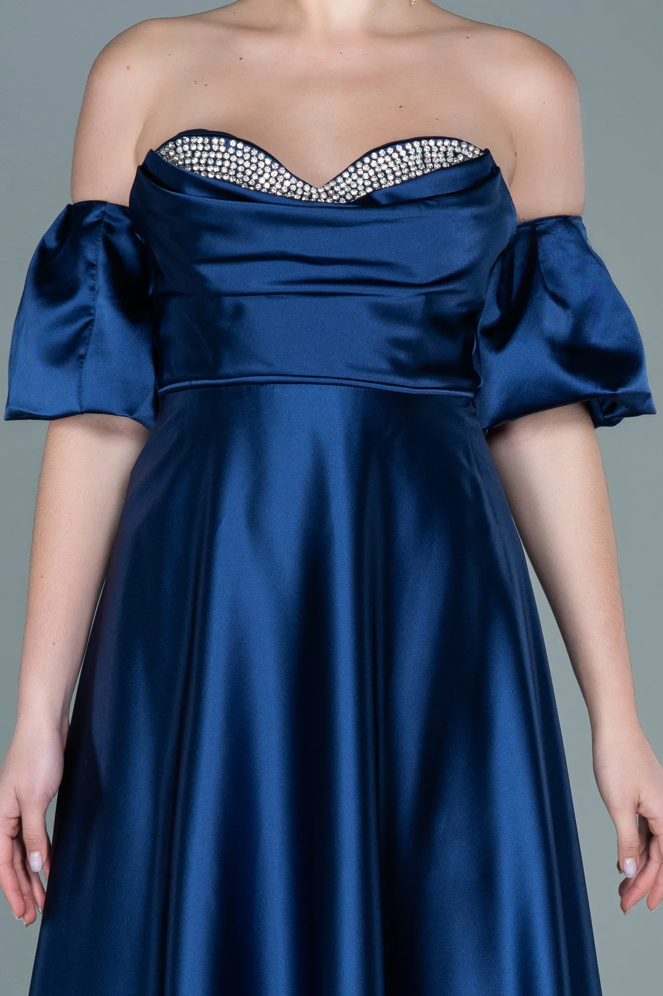 Navy Blue-Long Satin Evening Dress ABU2614