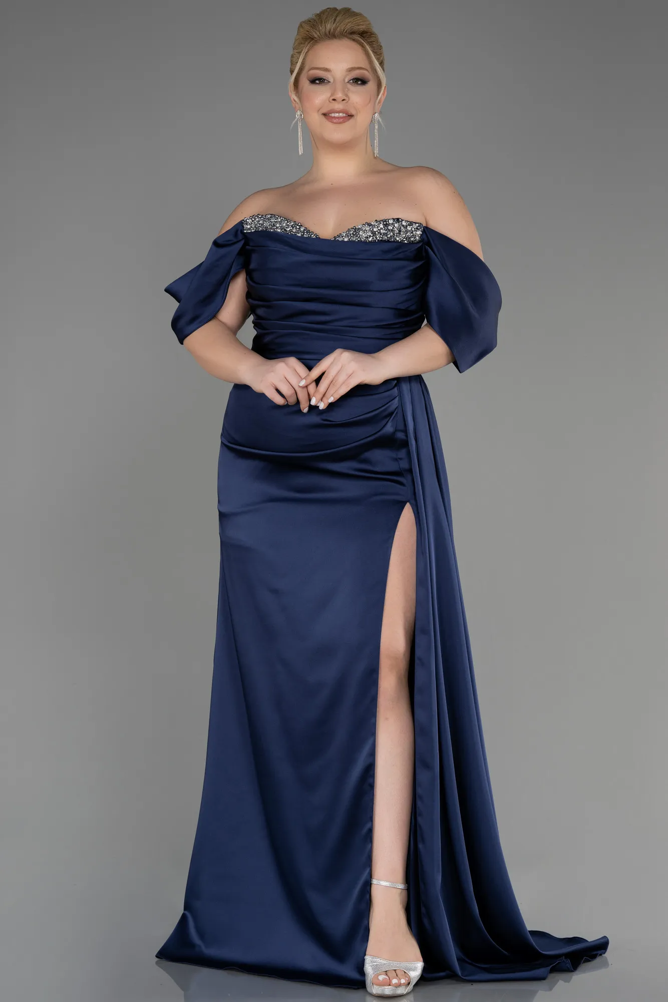 Navy Blue-Long Satin Evening Dress ABU2661
