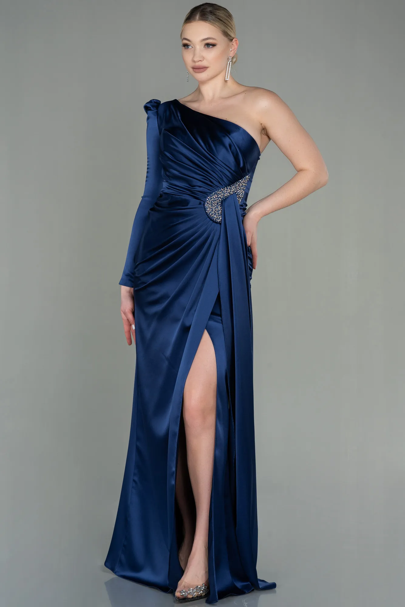Navy Blue-Long Satin Evening Dress ABU2676