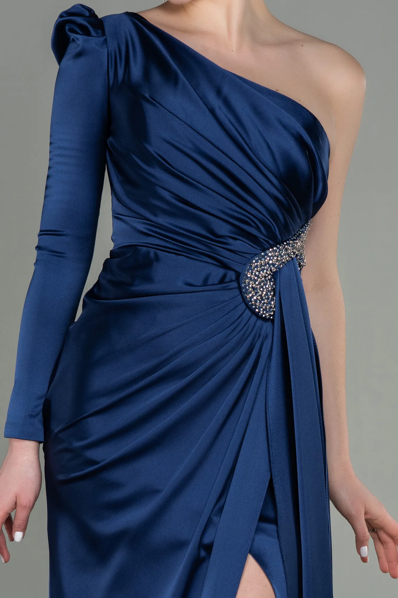 Navy Blue-Long Satin Evening Dress ABU2676