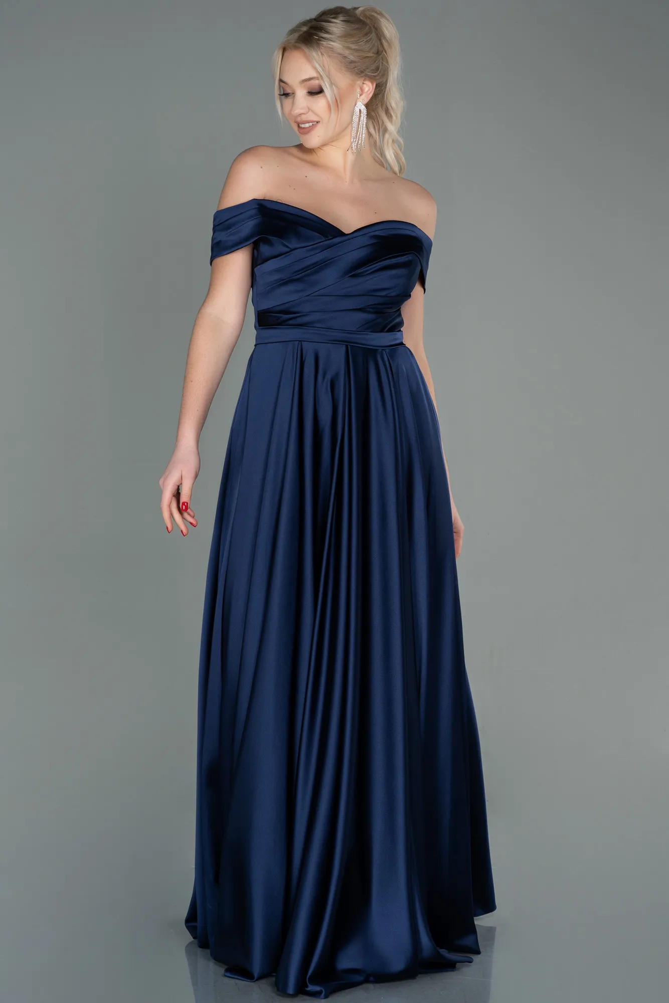 Navy Blue-Long Satin Evening Dress ABU2750