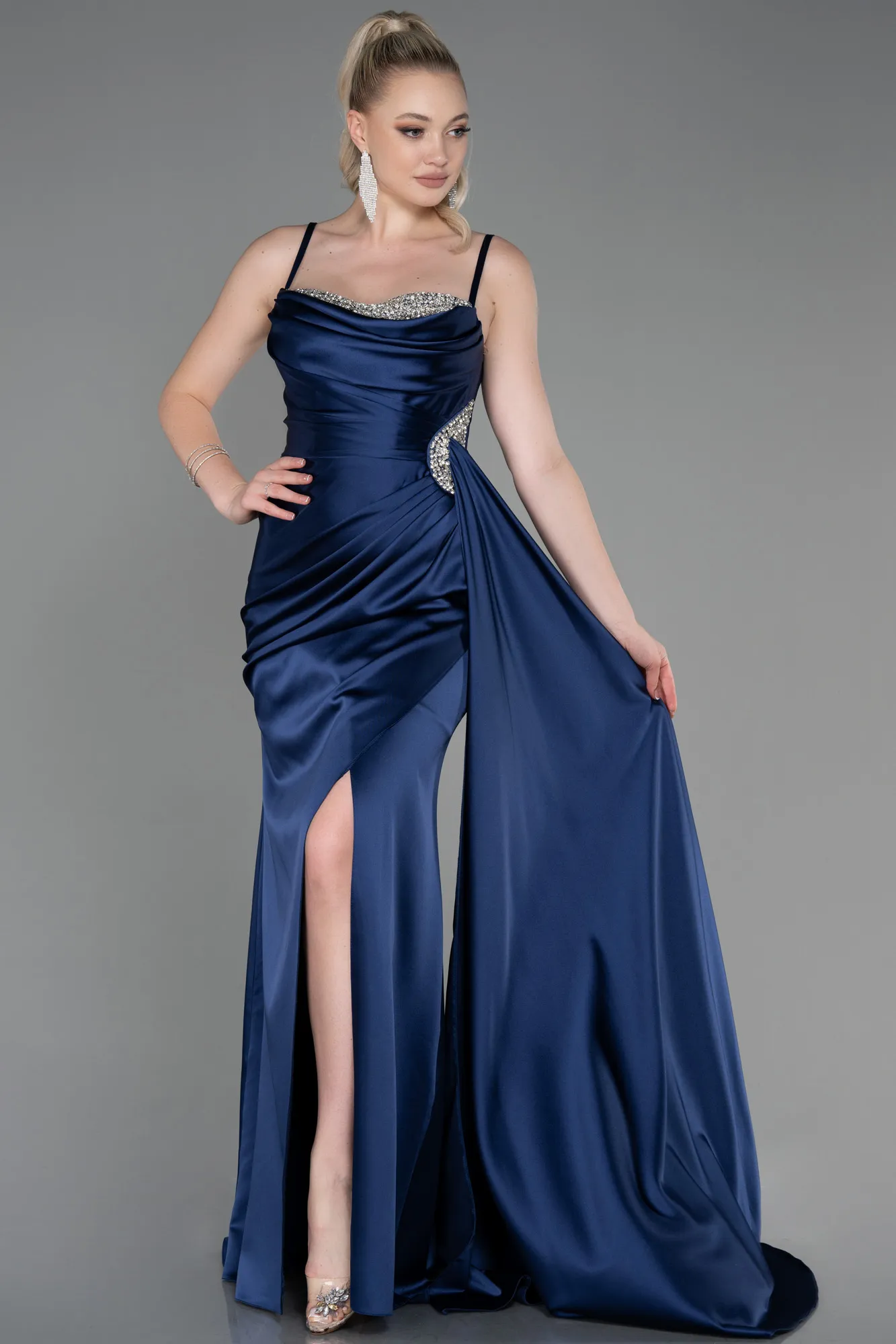 Navy Blue-Long Satin Evening Dress ABU2792