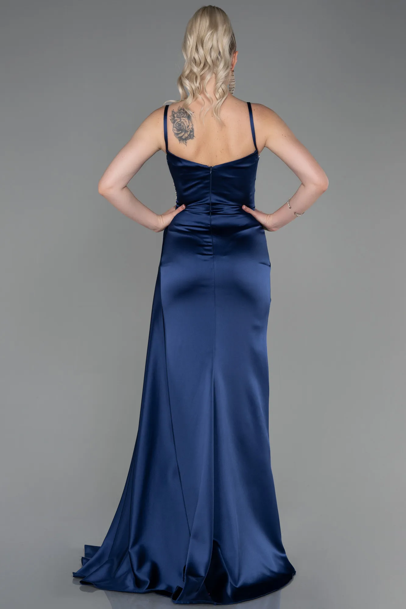 Navy Blue-Long Satin Evening Dress ABU2792