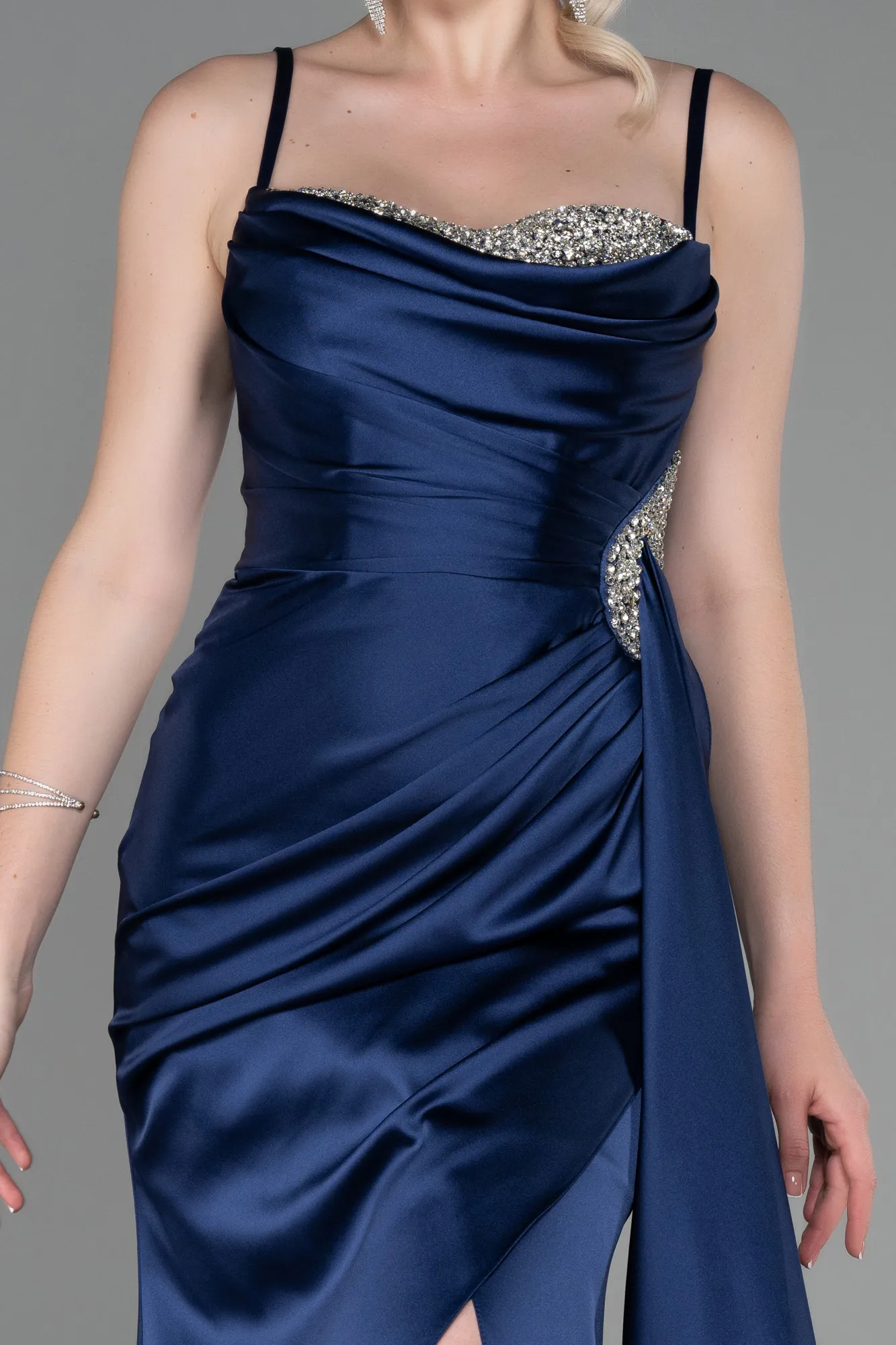 Navy Blue-Long Satin Evening Dress ABU2792