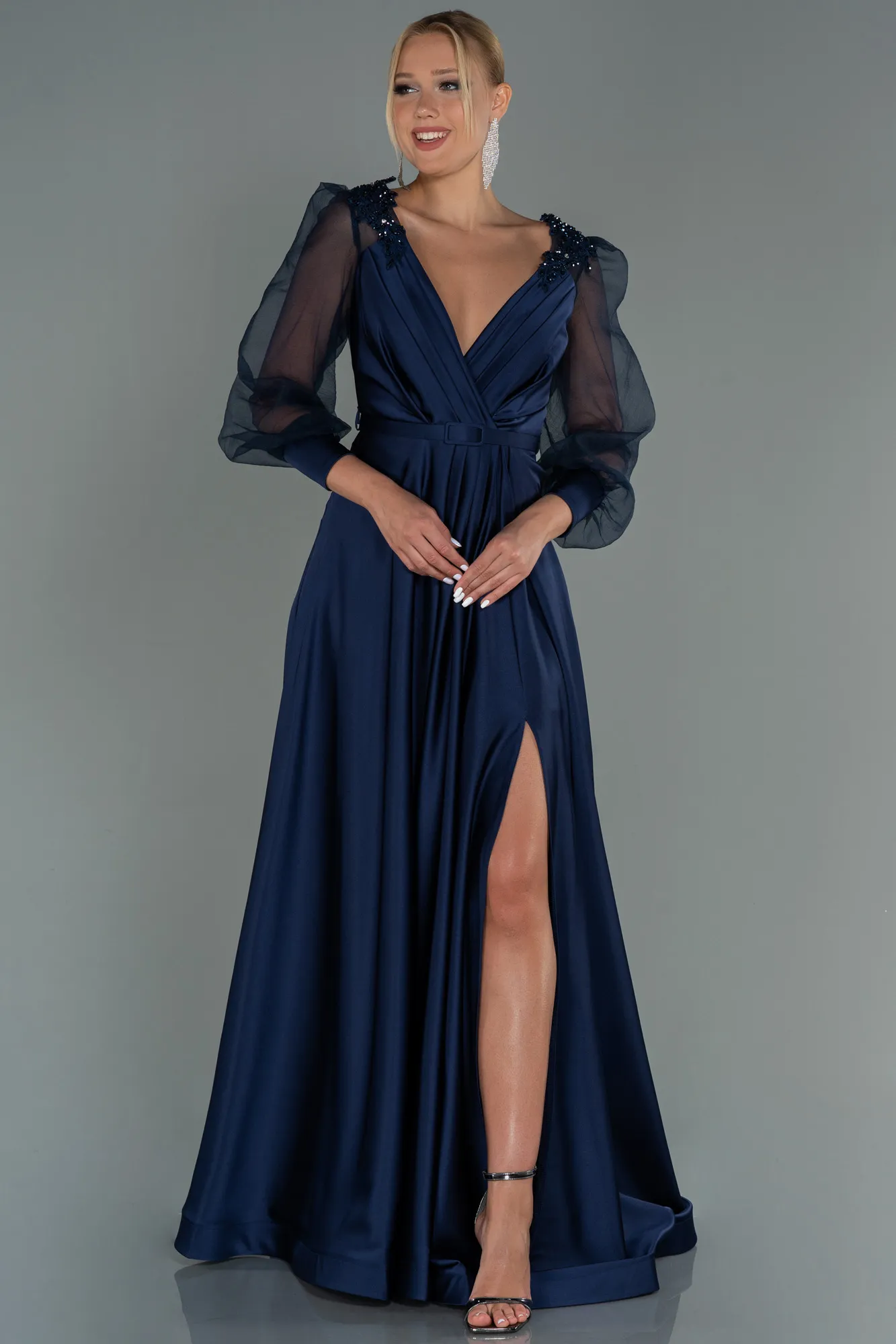 Navy Blue-Long Satin Evening Dress ABU2830