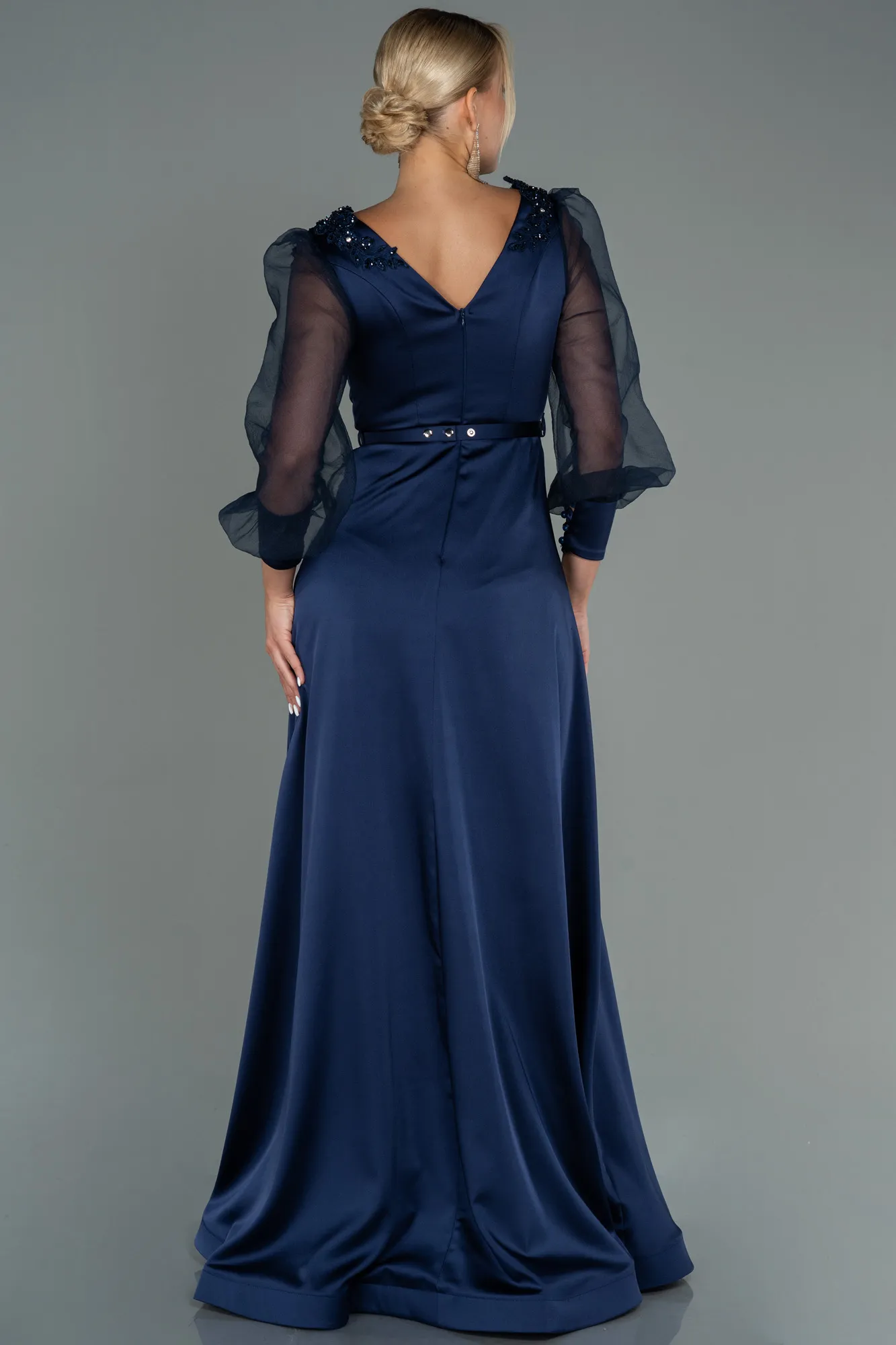 Navy Blue-Long Satin Evening Dress ABU2830