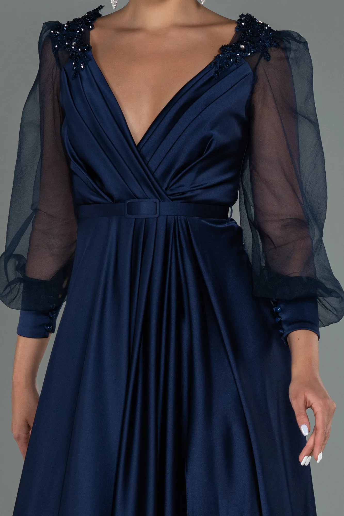 Navy Blue-Long Satin Evening Dress ABU2830