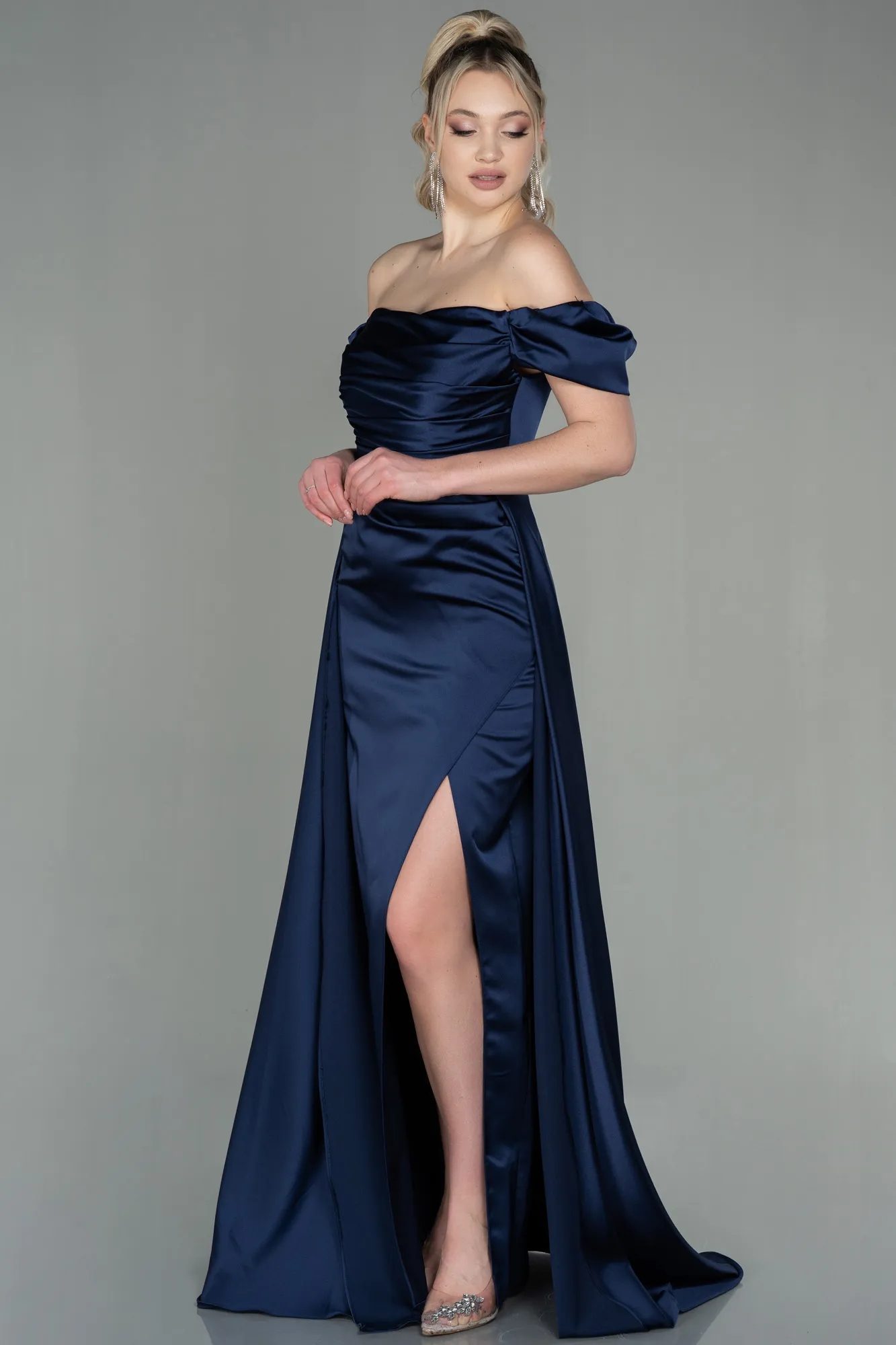 Navy Blue-Long Satin Evening Dress ABU2903