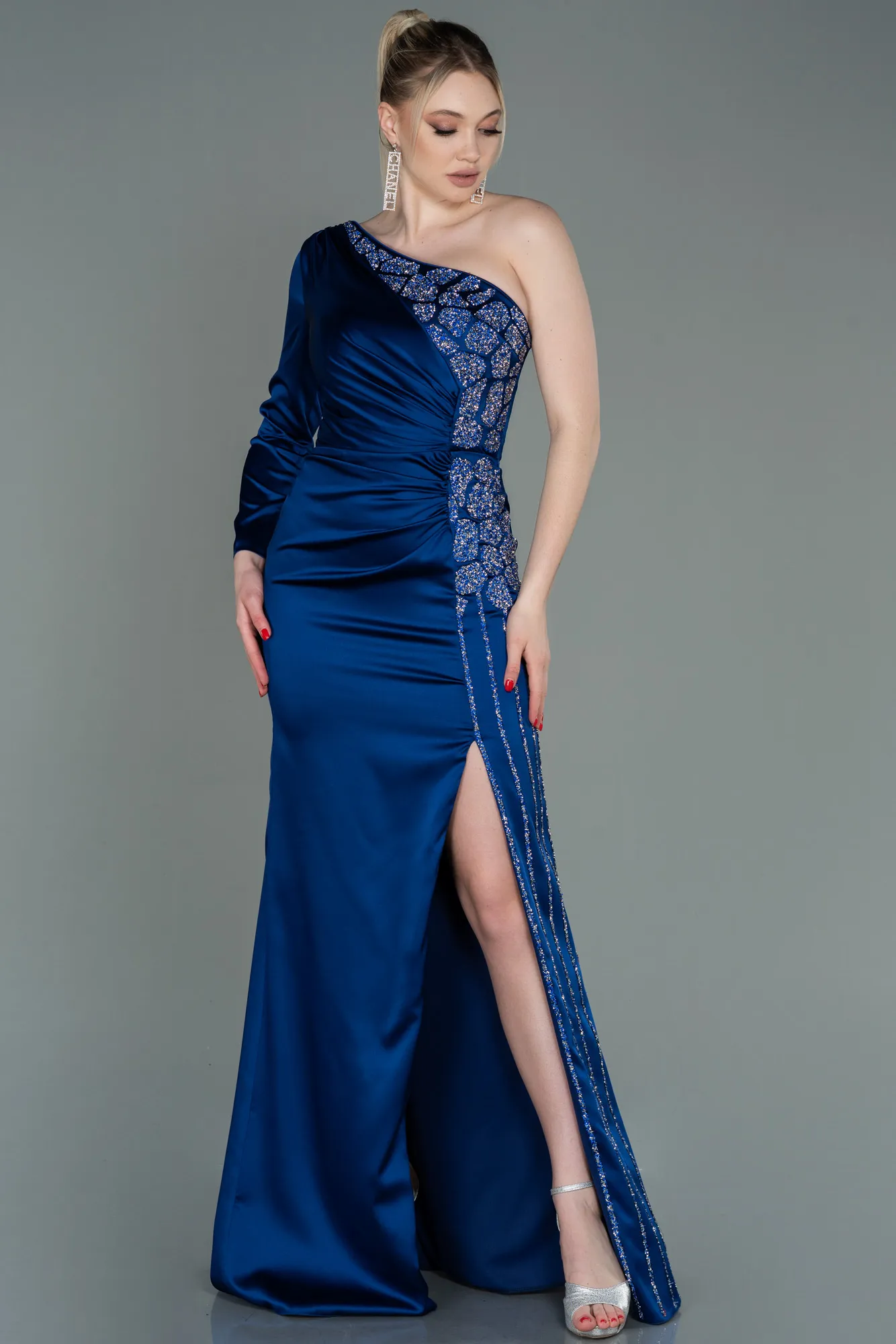 Navy Blue-Long Satin Evening Dress ABU3061