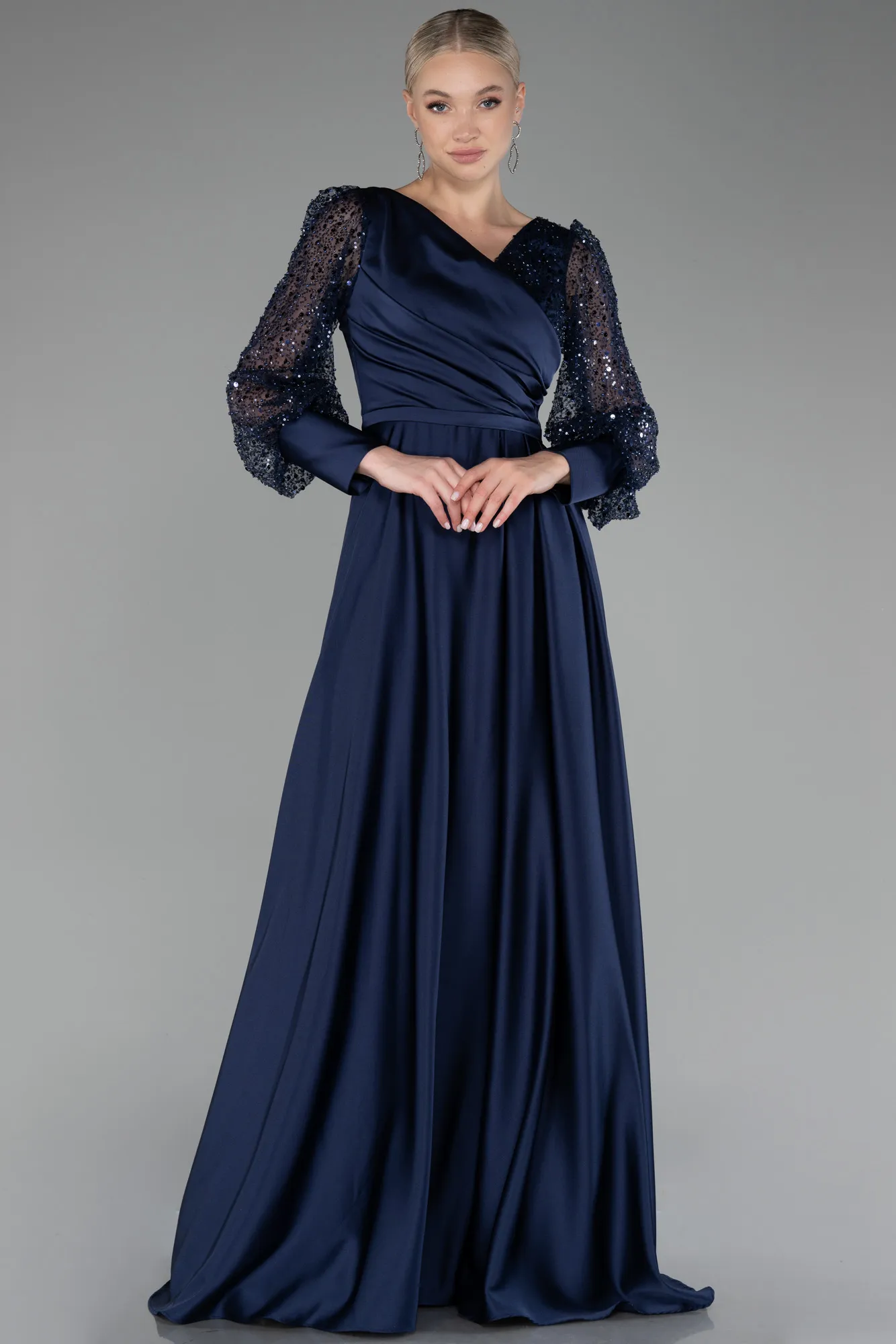 Navy Blue-Long Satin Evening Dress ABU3143