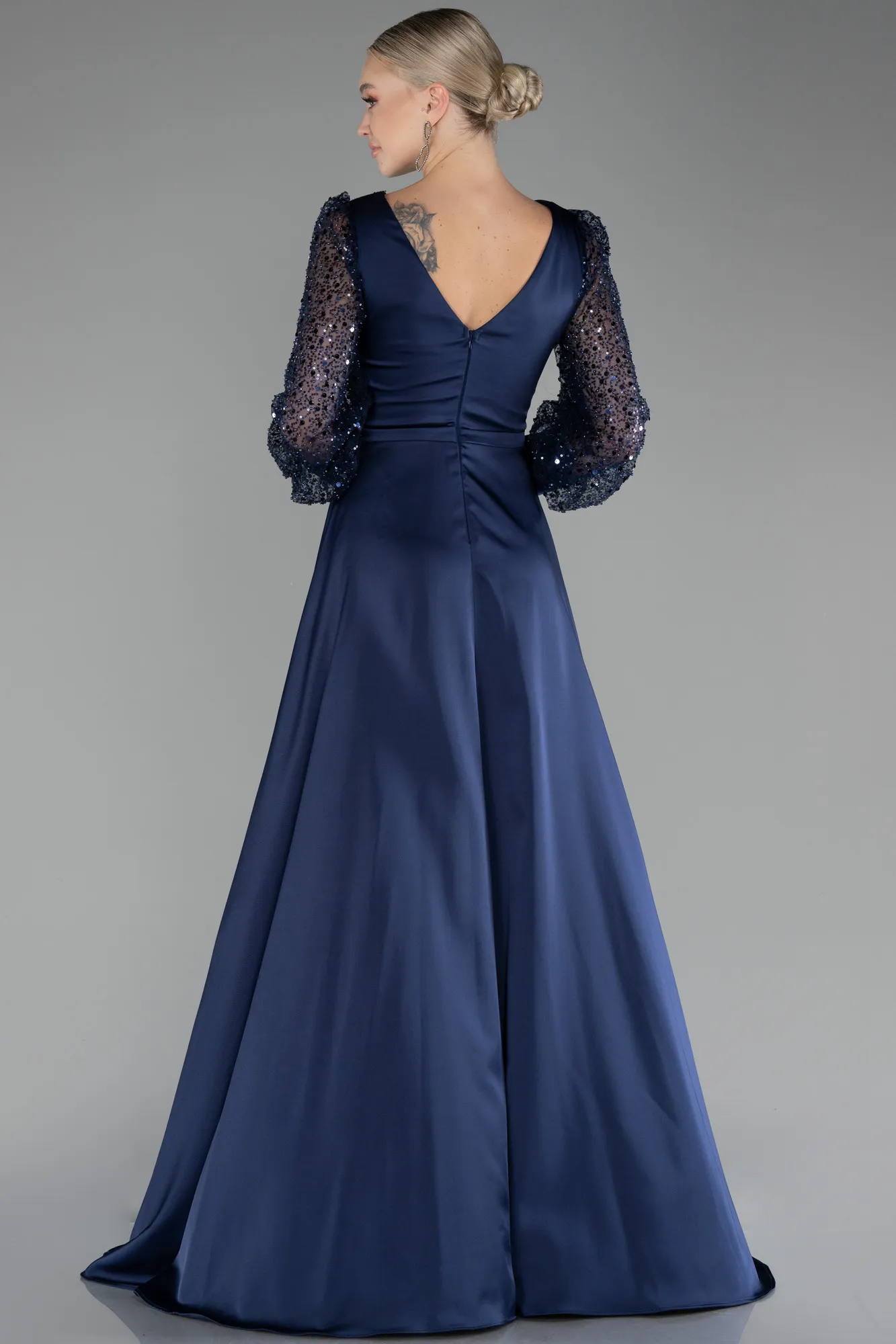 Navy Blue-Long Satin Evening Dress ABU3143