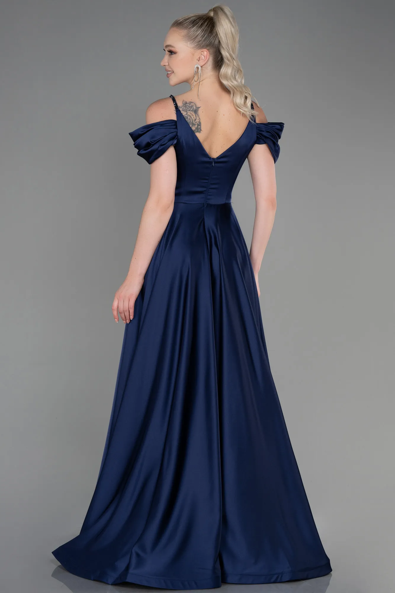 Navy Blue-Long Satin Evening Dress ABU3226