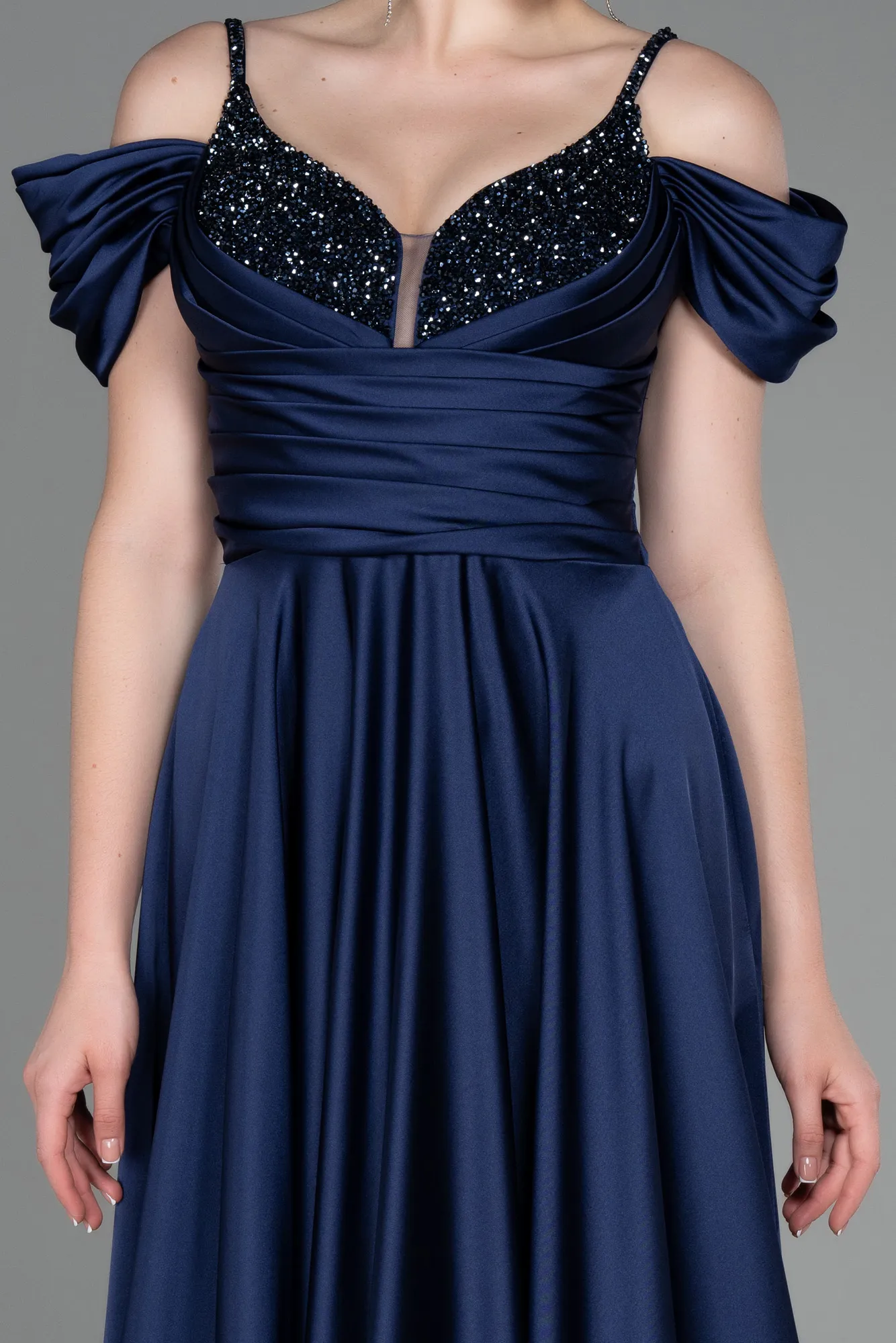 Navy Blue-Long Satin Evening Dress ABU3226