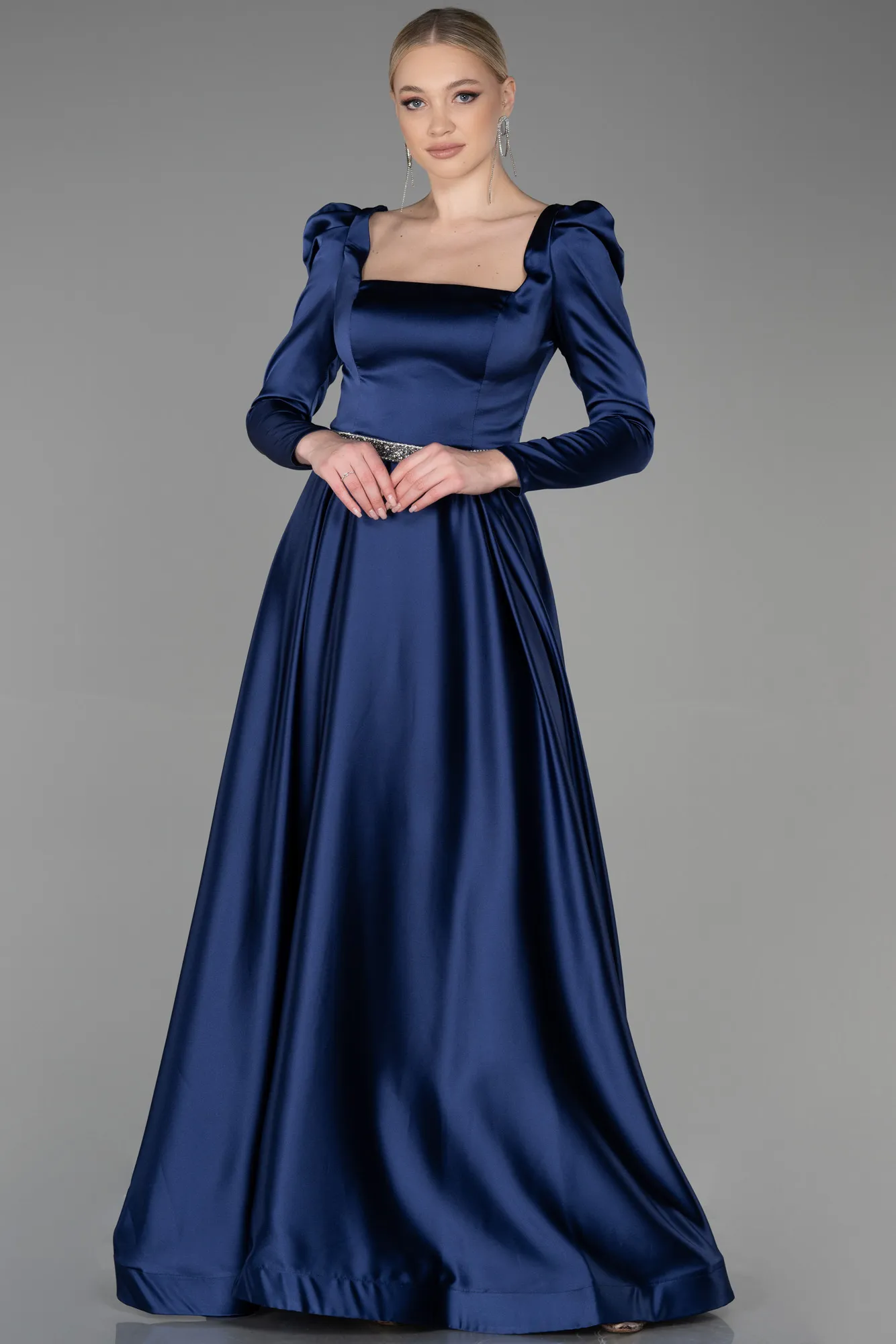 Navy Blue-Long Satin Evening Dress ABU3316