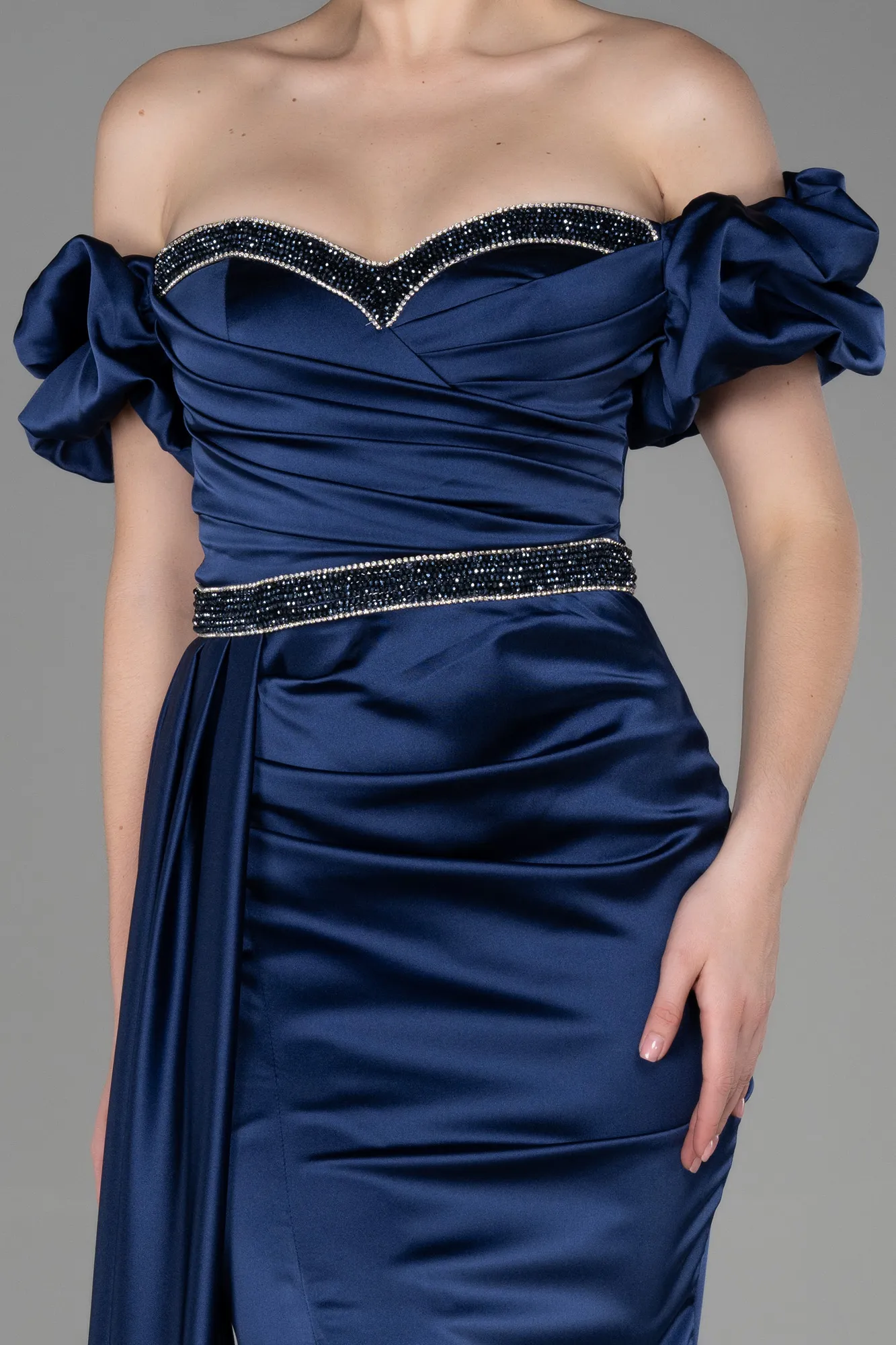 Navy Blue-Long Satin Evening Dress ABU3331