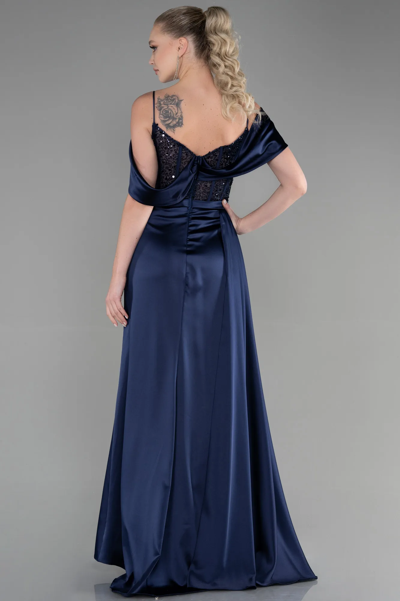 Navy Blue-Long Satin Evening Dress ABU3391