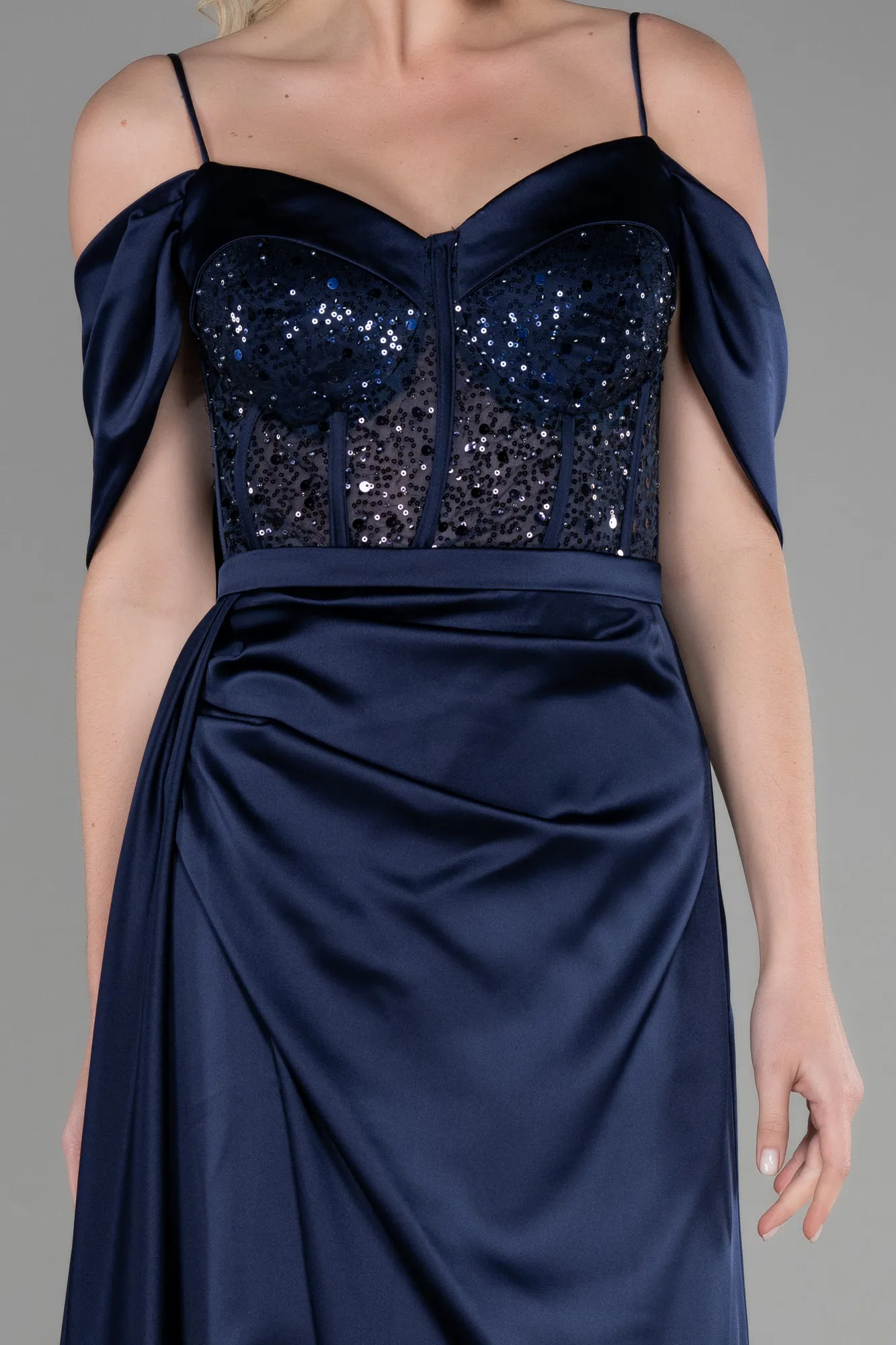 Navy Blue-Long Satin Evening Dress ABU3391