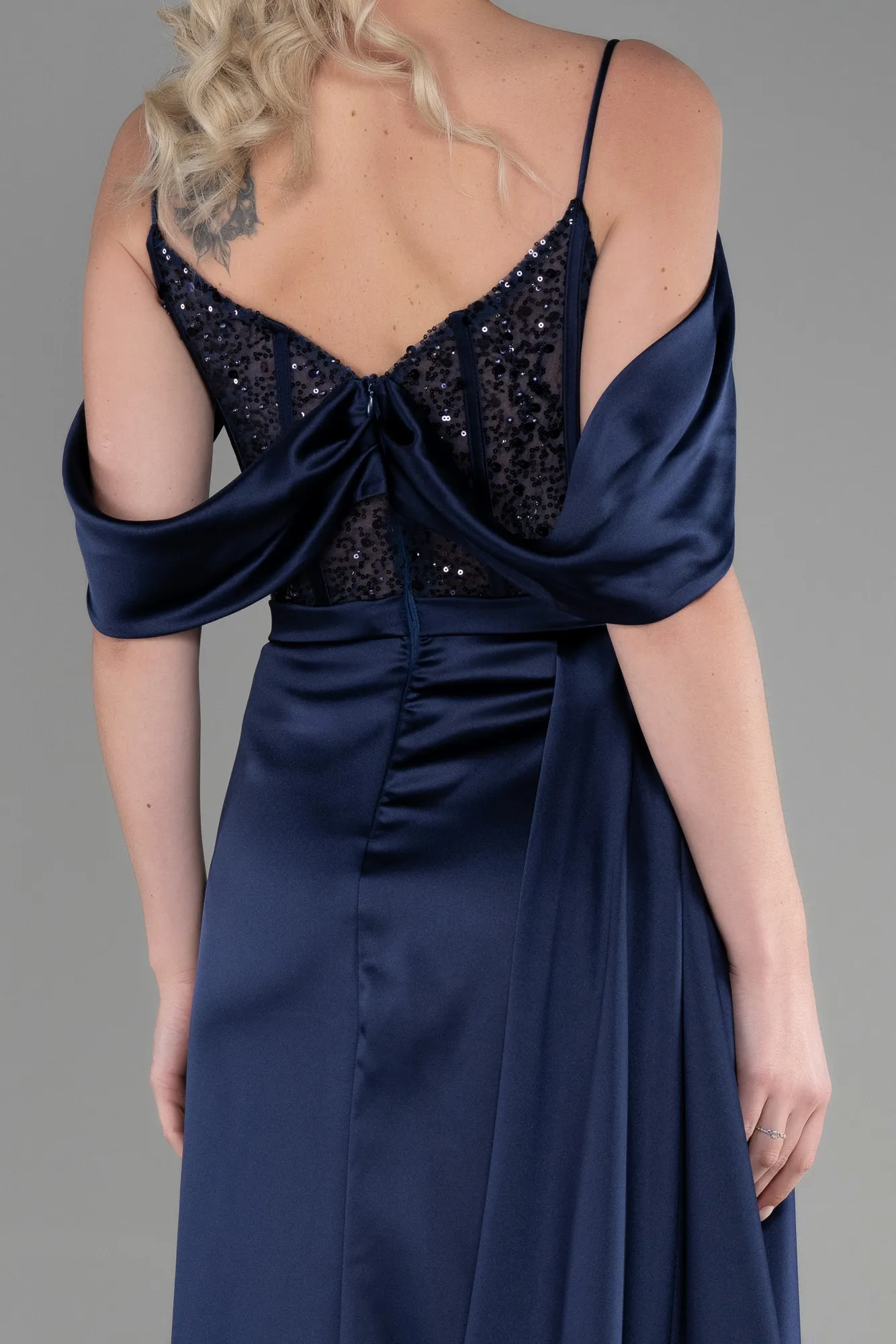 Navy Blue-Long Satin Evening Dress ABU3391