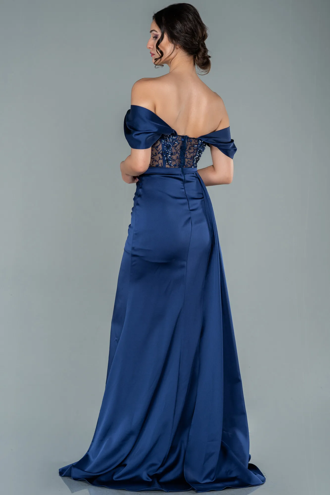 Navy Blue-Long Satin Evening Dress ABU3448